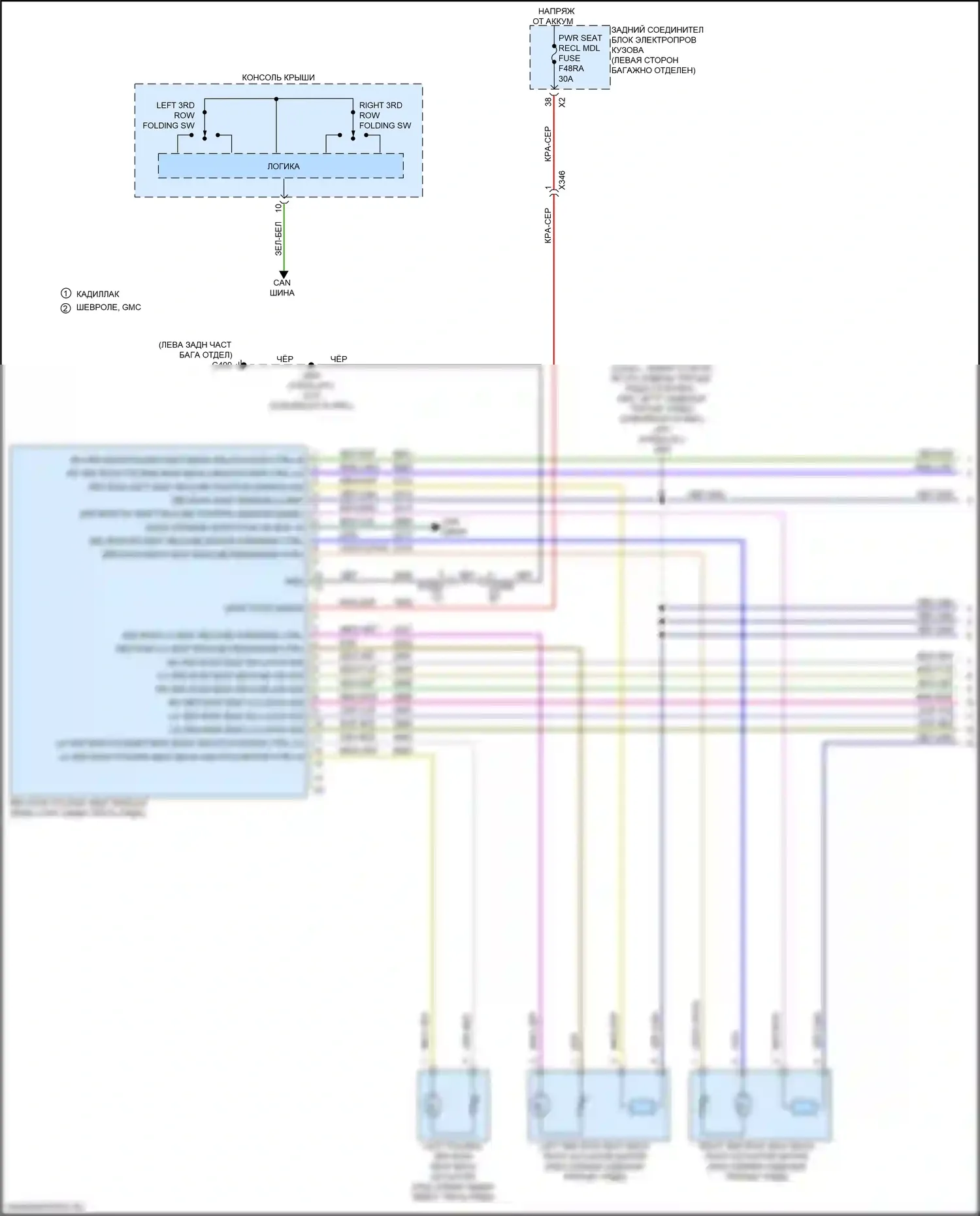 Сиденья — Электросхема заднего откидного сиденья, сиденья третьего ряда — Электросхема заднего откидного сиденья, сиденья третьего ряда (1 из 2). Chevrolet Tahoe V (2021-2024)
