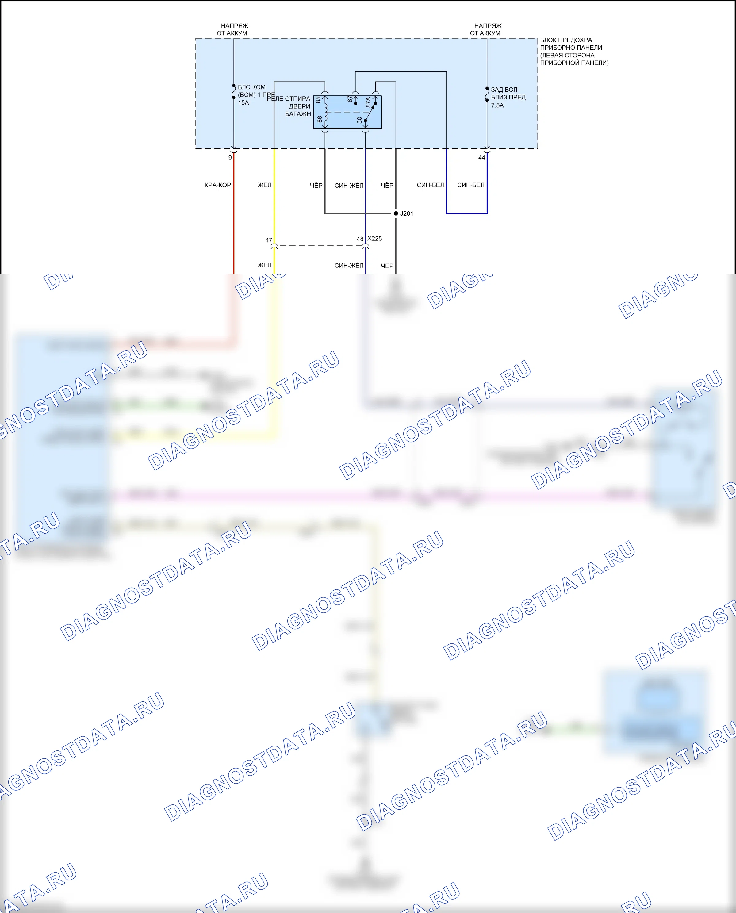 Багажник, задняя дверь, лючок топливного бака — Электросхема отпирания дверей багажника — Электросхема отпирания дверей багажника. Chevrolet Volt II (2015-2019)