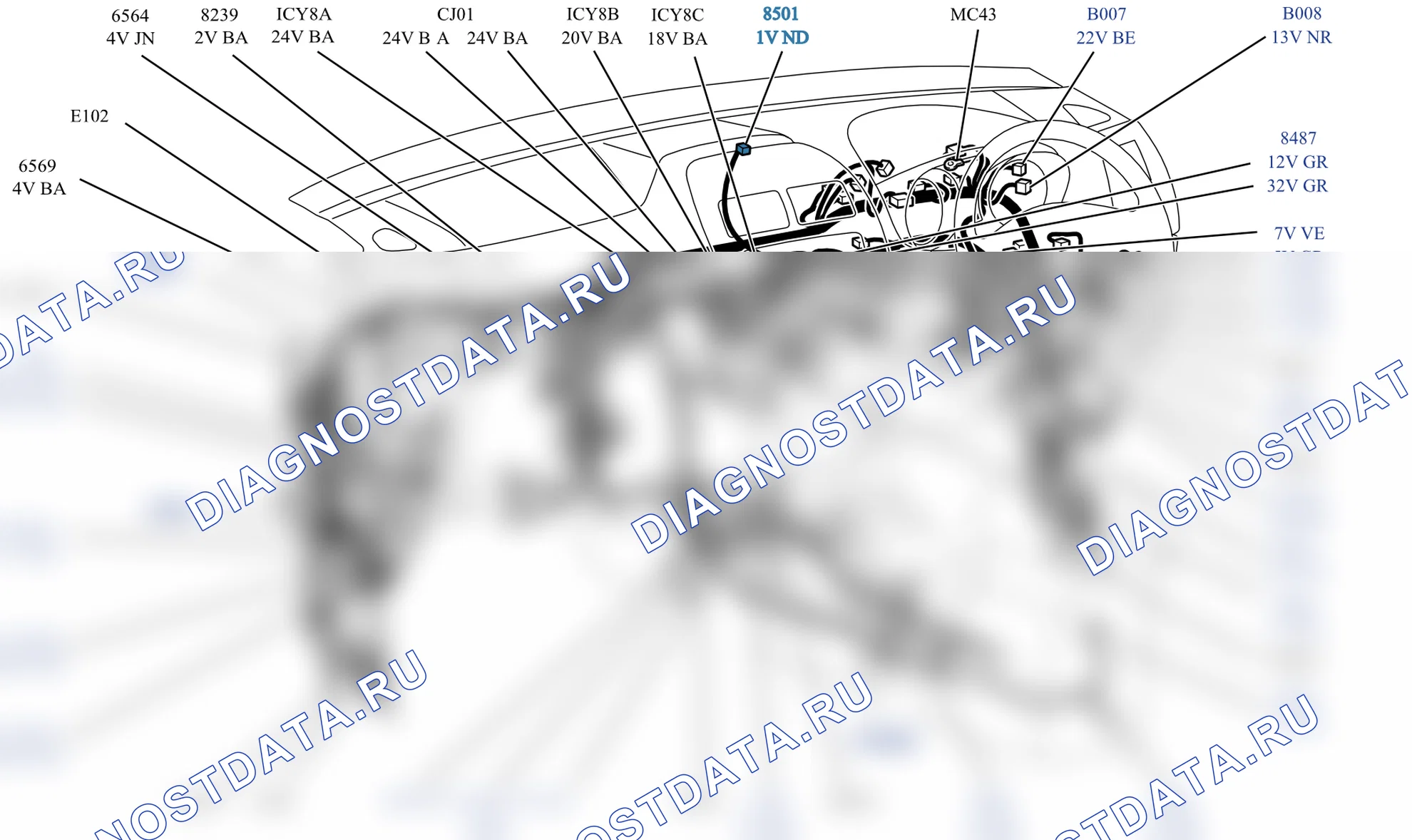 Расположение компонентов — Расположение — 8501 (Антенна GPS) — Расположение — 8501 (Антенна GPS), Схема 1 из 2. Citroen C4 Aircross I (2012-2017)