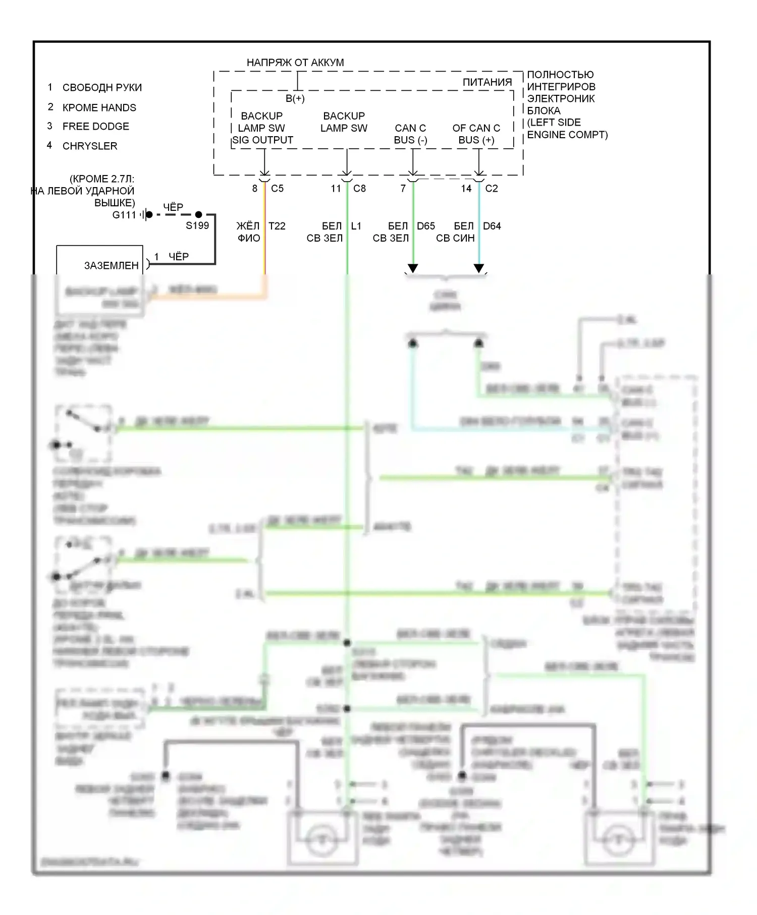 Фары и фонари — Электросхема фонарей заднего хода — Электросхема фонарей заднего хода. Dodge Avenger II (2007-2010)