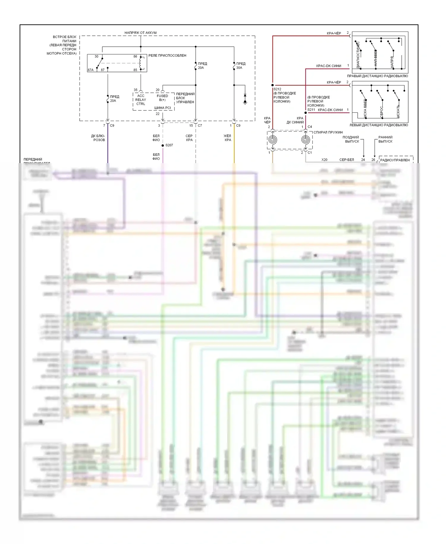 Магнитола — Электросхема магнитолы, высокая линия без громкой связи — Электросхема магнитолы, высокая линия без громкой связи. Dodge Caravan IV (2000-2007)