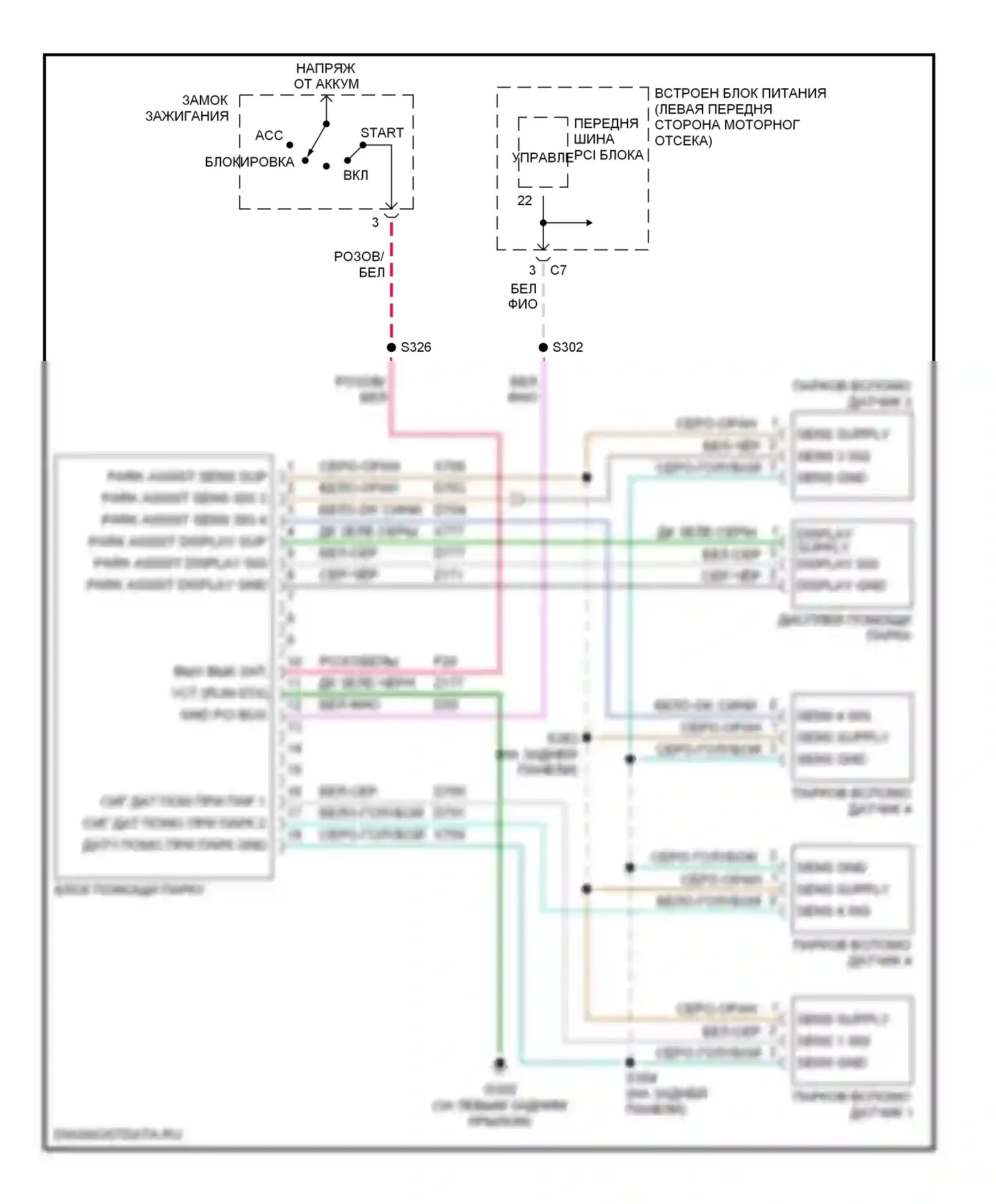 Системы помощи водителю — Электросхема парктроника — Электросхема парктроника. Dodge Caravan IV (2000-2007)