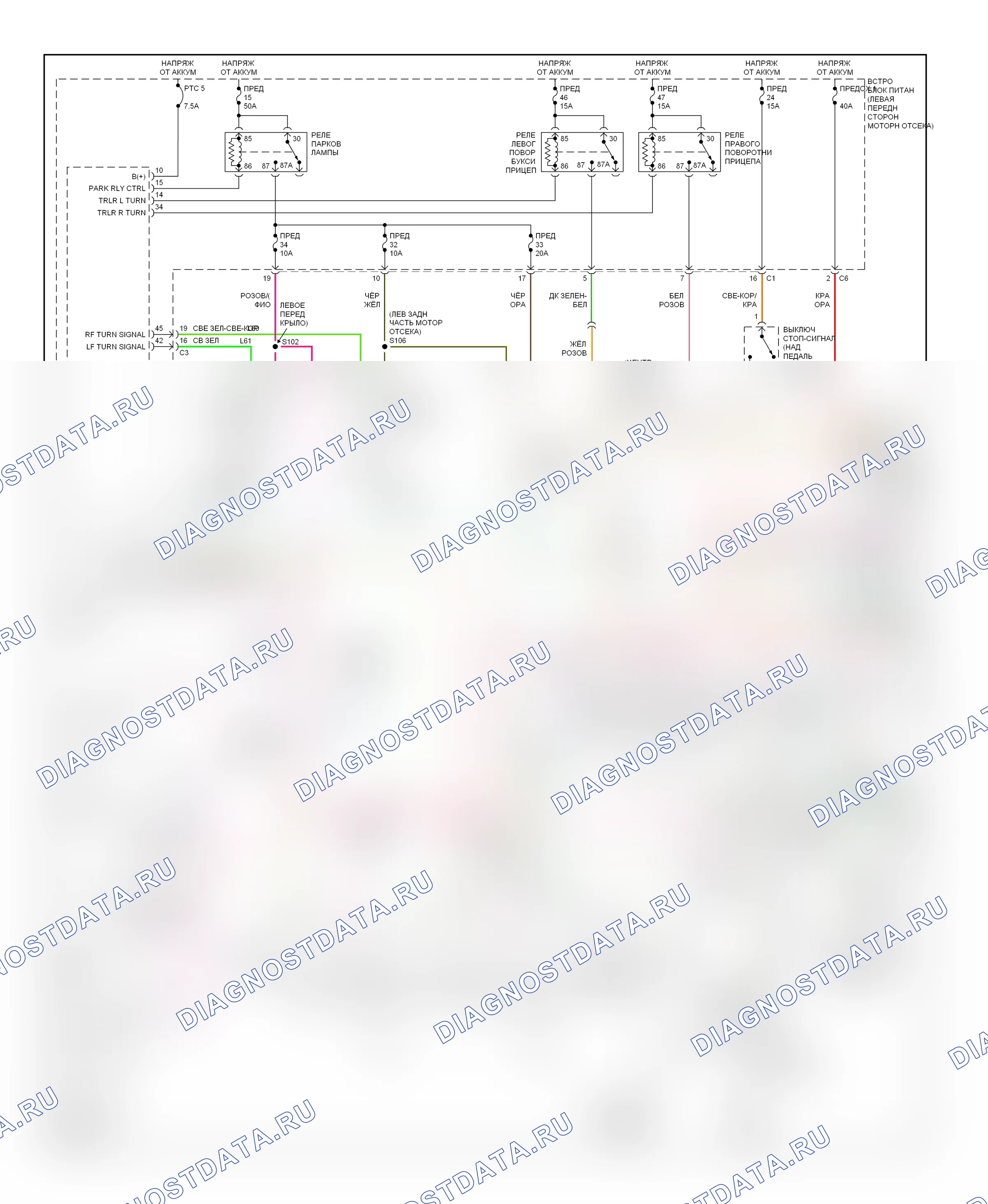 Внешние осветительные приборы — Электросхема фар и фонарей и разъема прицепа — Электросхема фар и фонарей и разъема прицепа. Dodge Pickup R3500  (1996-2010)