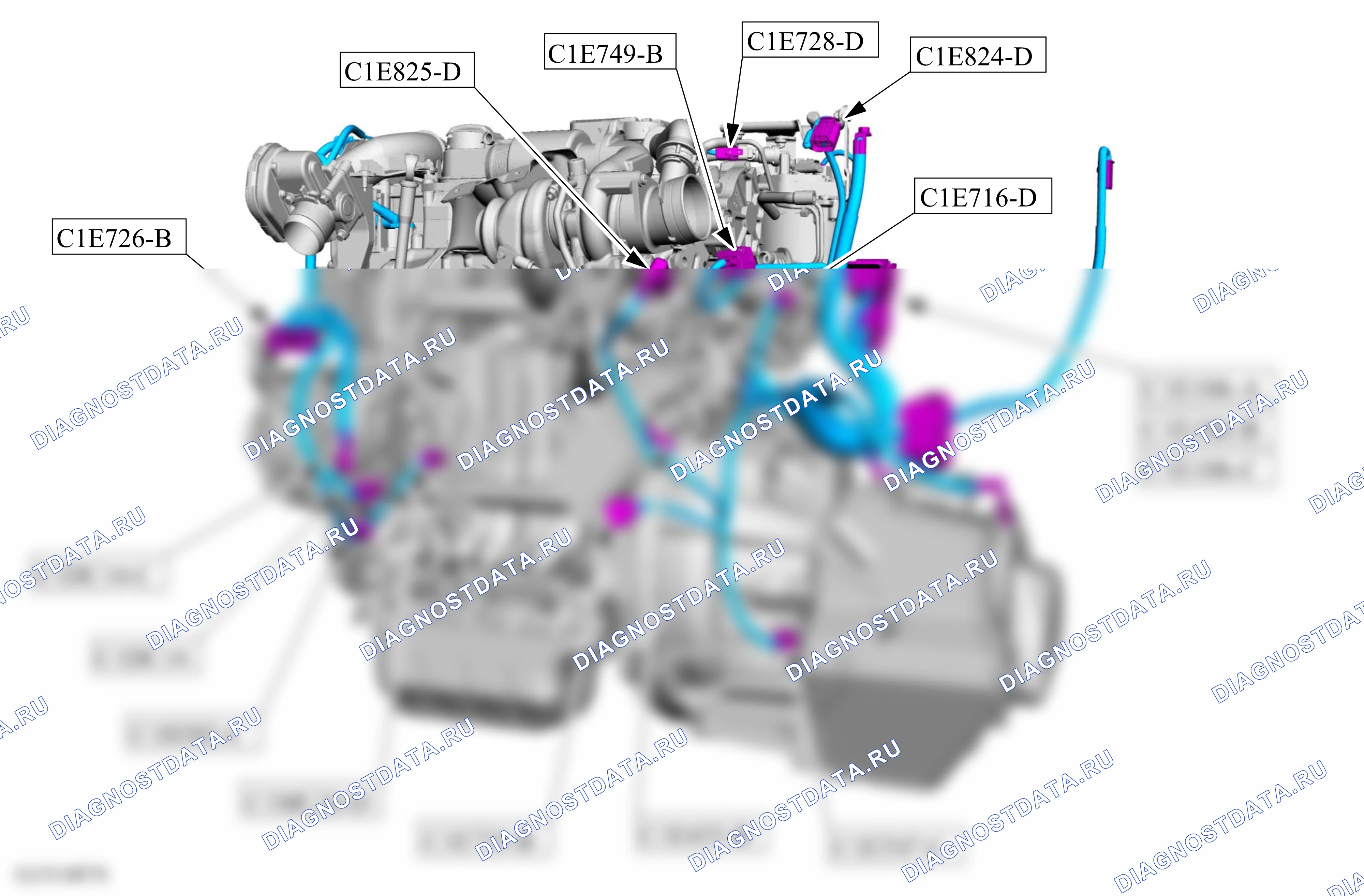 Расположение компонентов — Карта — Двигатель, вид спереди — 1.6L, Duratorq-TDCi (85kW/115PS), Duratorq-TDCi (70kW/95PS) (T3) — Карта — Двигатель, вид спереди — 1.6L, Duratorq-TDCi (85kW/115PS), Duratorq-TDCi (70kW/95PS) (T3). Ford C-MAX I рестайлинг (2007-2010)