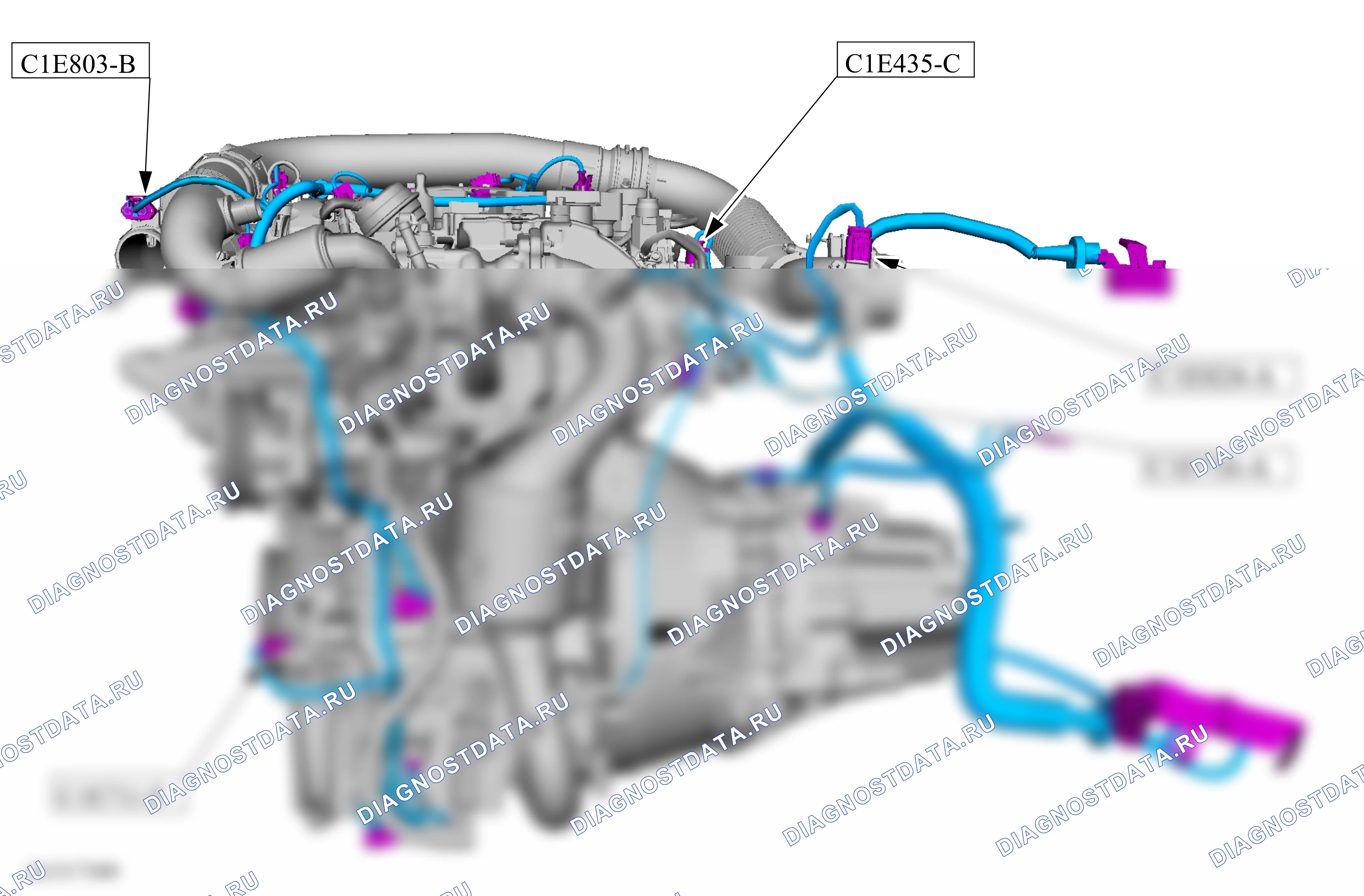 Расположение компонентов — Карта — Двигатель, вид спереди — 1.0L EcoBoost (90kW/120PS), выпуск с 09.01.2012, 6-ст. МКПП, B6 — Карта — Двигатель, вид спереди — 1.0L EcoBoost (90kW/120PS), выпуск с 09.01.2012, 6-ст. МКПП, B6. Ford Focus III (2011-2015)