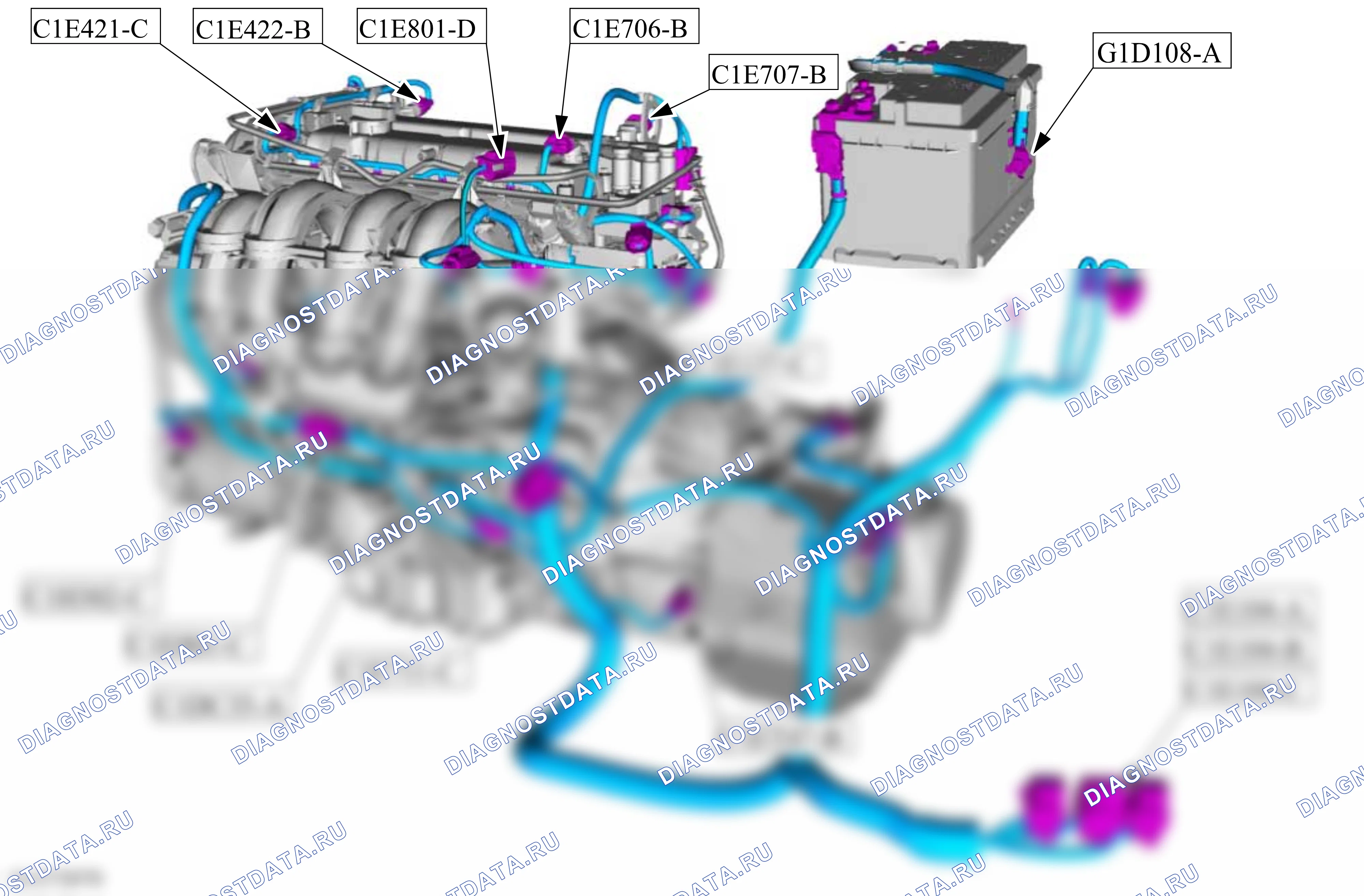 Расположение разъёмов — Карта разъёмов — Двигатель, вид слева — 1.6L Duratec-16V Ti-VCT (77kW/105PS), Sigma, 1.6L Duratec-16V Ti-VCT (92kW/125PS) — Карта разъёмов — Двигатель, вид слева — 1.6L Duratec-16V Ti-VCT (77kW/105PS), Sigma, 1.6L Duratec-16V Ti-VCT (92kW/125PS). Ford Focus III (2011-2015)