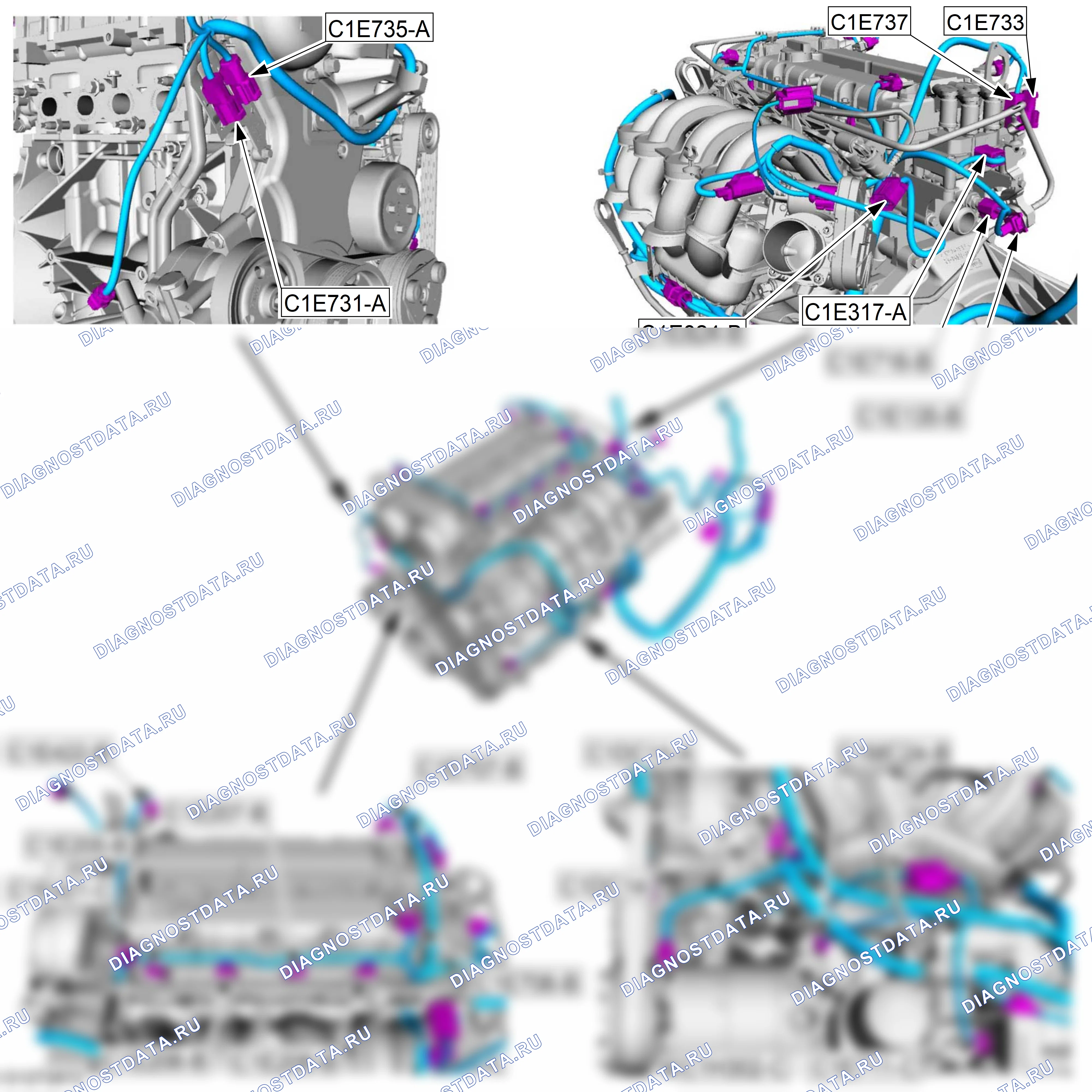 Расположение разъёмов — Карта разъёмов — Двигатель, вид справа — 1.6L Duratec-16V Ti-VCT (77kW/105PS), Sigma, 1.6L Duratec-16V Ti-VCT (92kW/125PS) — Карта разъёмов — Двигатель, вид справа — 1.6L Duratec-16V Ti-VCT (77kW/105PS), Sigma, 1.6L Duratec-16V Ti-VCT (92kW/125PS). Ford Focus III (2011-2015)