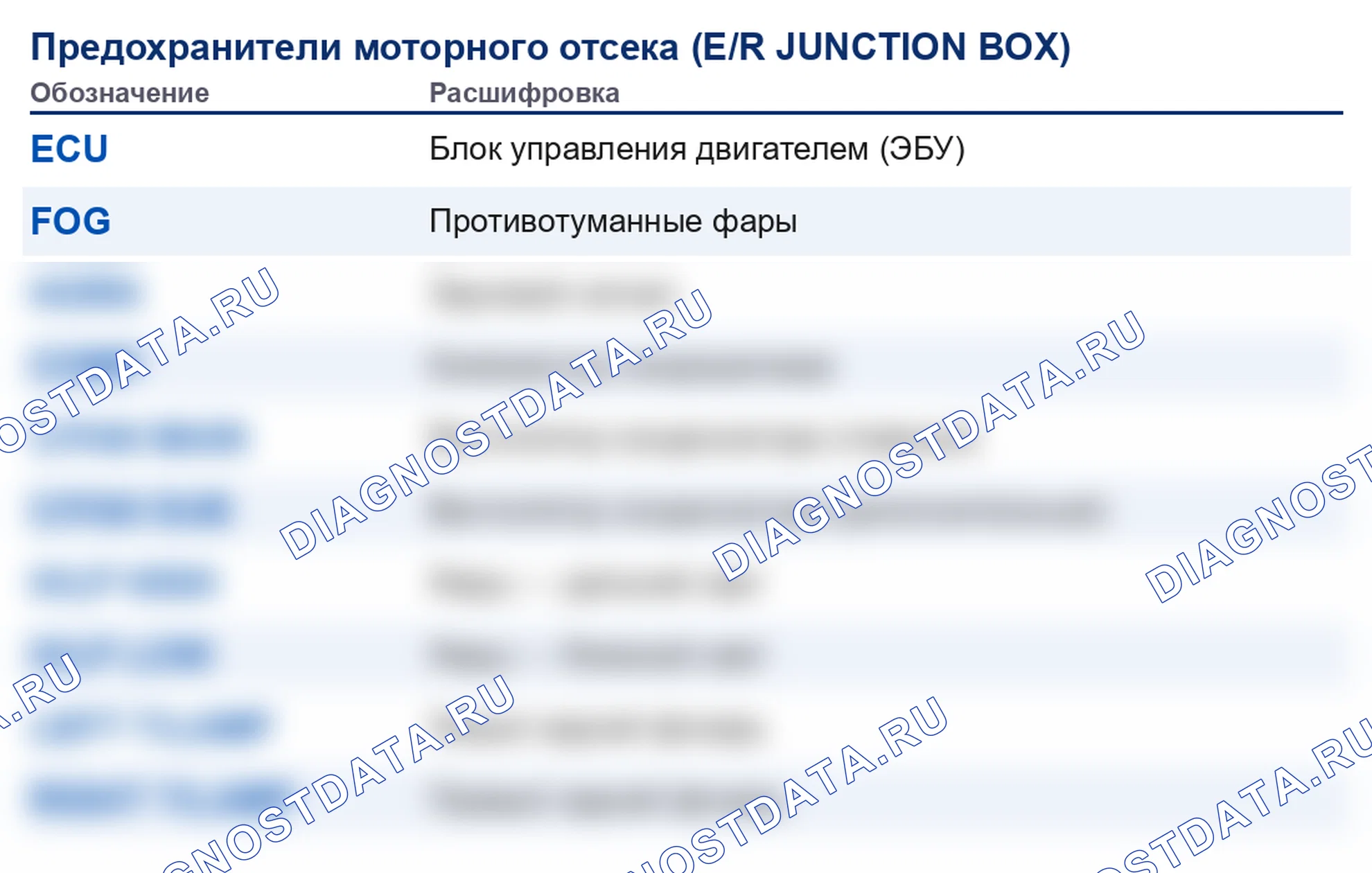 Информация о предохранителях и реле — Расшифровка предохранителей моторного отсека (E/R) — Расшифровка предохранителей моторного отсека (E/R). Hyundai H-1 A1 (1997-2009)