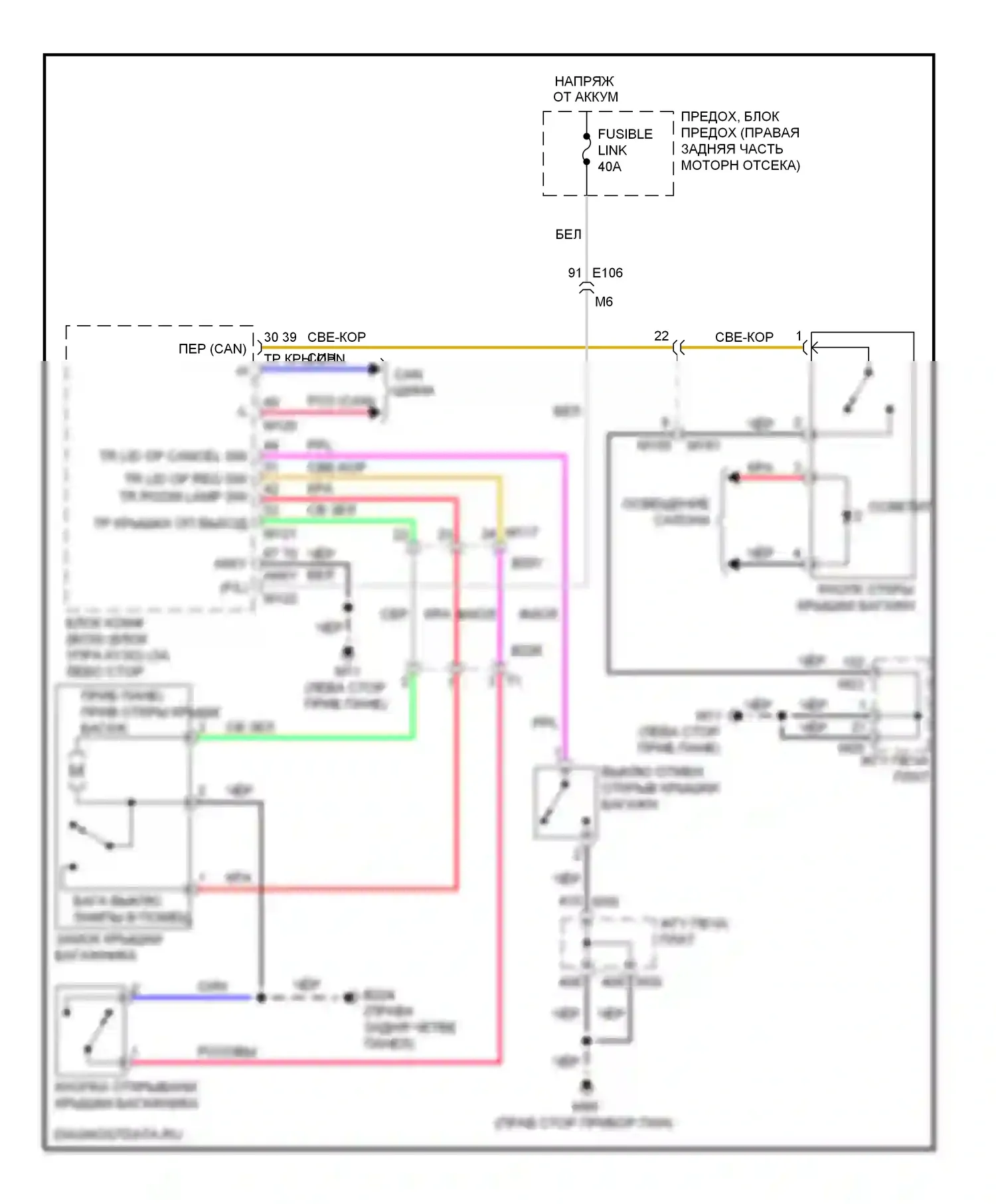 Багажник, задняя дверь, лючок топливного бака — Электросхема разъединения багажника — Электросхема разъединения багажника. Infiniti M37 IV (2010-2014)