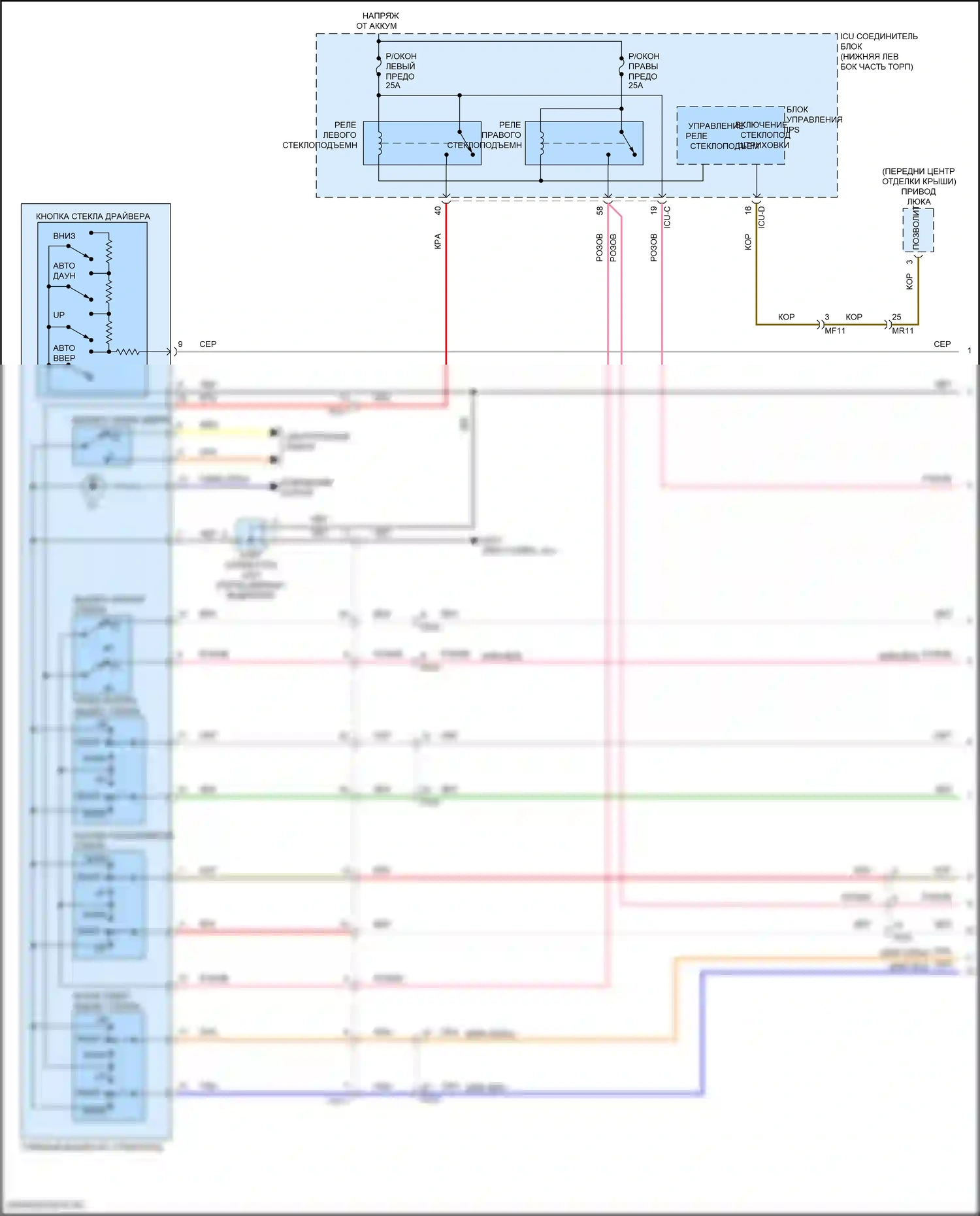 Стеклоподъемники — Электросхема стеклоподъемников, с автоматическим включением/выключением драйвера и стеклоподъемниками безопасности — Электросхема стеклоподъемников, с автоматическим включением/выключением драйвера и стеклоподъемниками безопасности (1 из 2). Kia Forte III рестайлинг (2021-2024)
