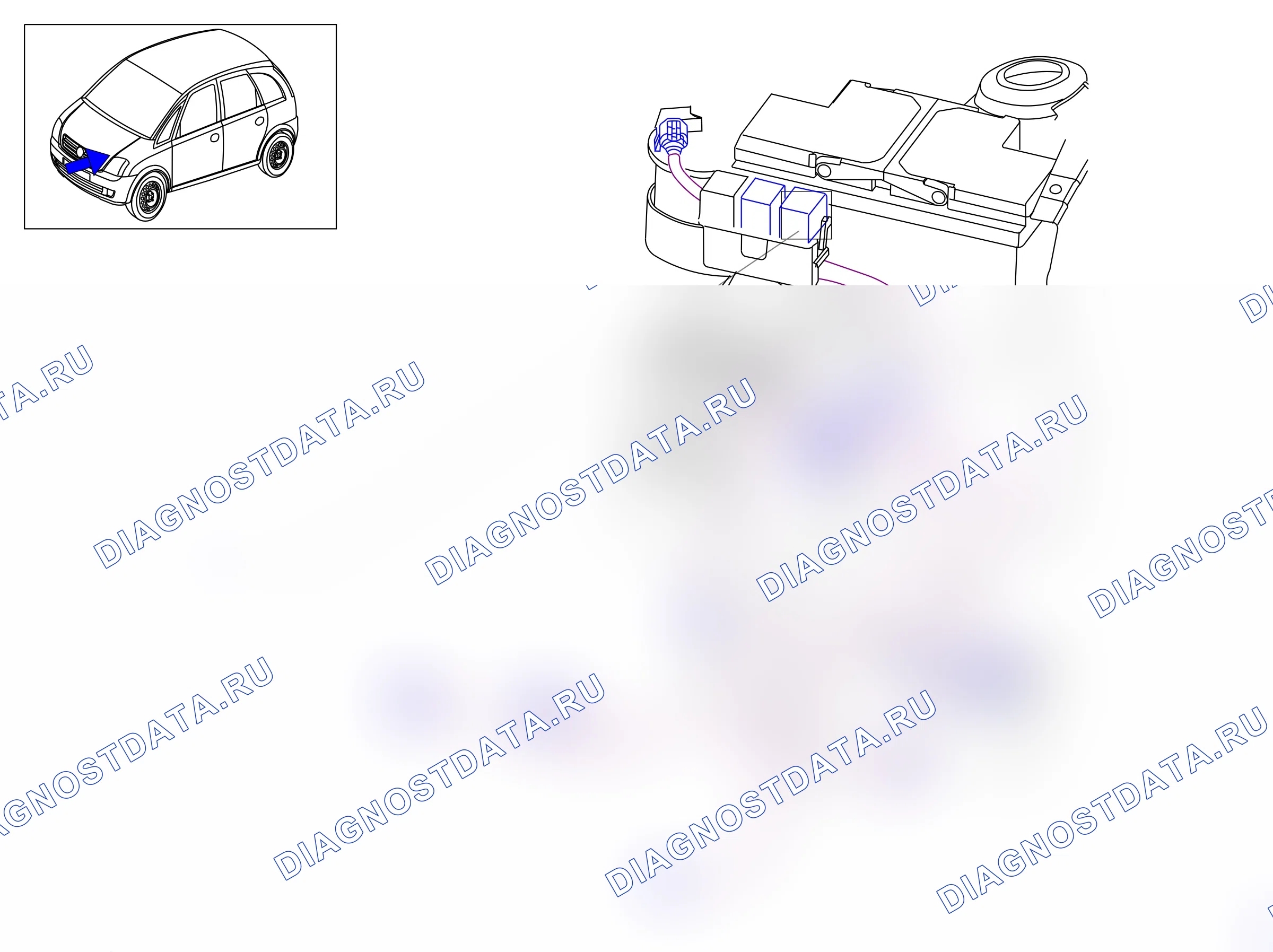 Блоки предохранителей и реле — Блоки предохранителей и реле: Моторный отсек - слева  Бензин (P10077) — Блоки предохранителей и реле: Моторный отсек - слева  Бензин (P10077). Opel Meriva A рестайлинг (2003-2011)