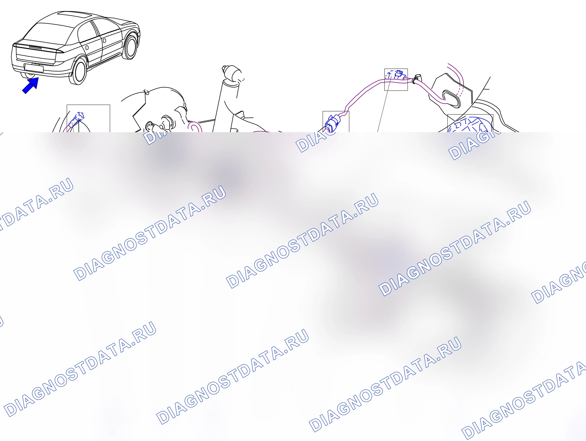 Расположение компонентов — Расположение компонентов: Задняя часть кузова - днище автомобиля  Седан / хэтчбэк (P10099) — Расположение компонентов: Задняя часть кузова - днище автомобиля  Седан / хэтчбэк (P10099). Opel Vectra C (2002-2008)