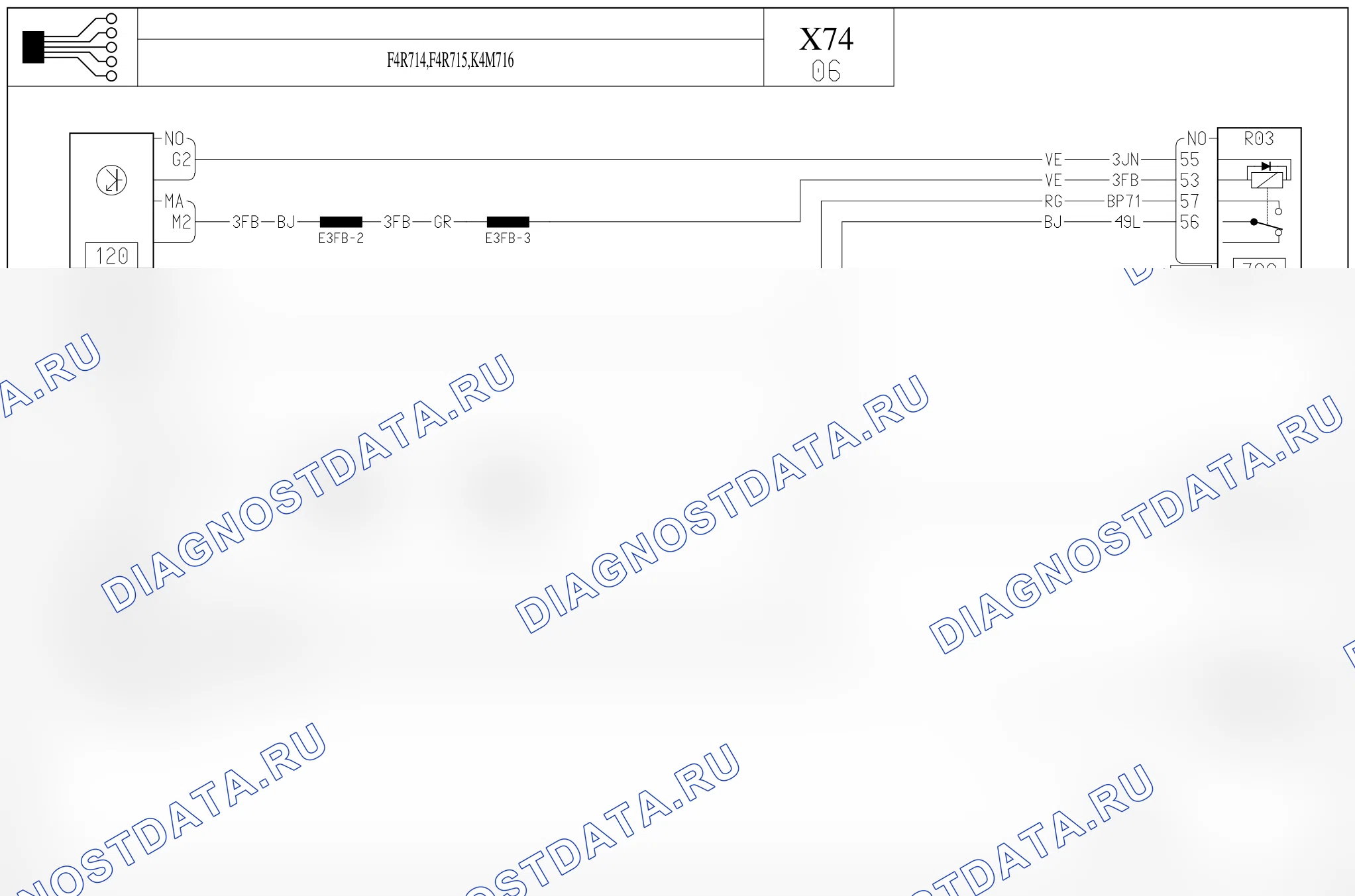 Электросхема вентилятора охлаждения — для а/м с: двиг. F4R714/715 (2.0 бензин), K4M716 (1.6 бензин) — для а/м с: двиг. F4R714/715 (2.0 бензин), K4M716 (1.6 бензин). Renault Laguna II (2001-2007)