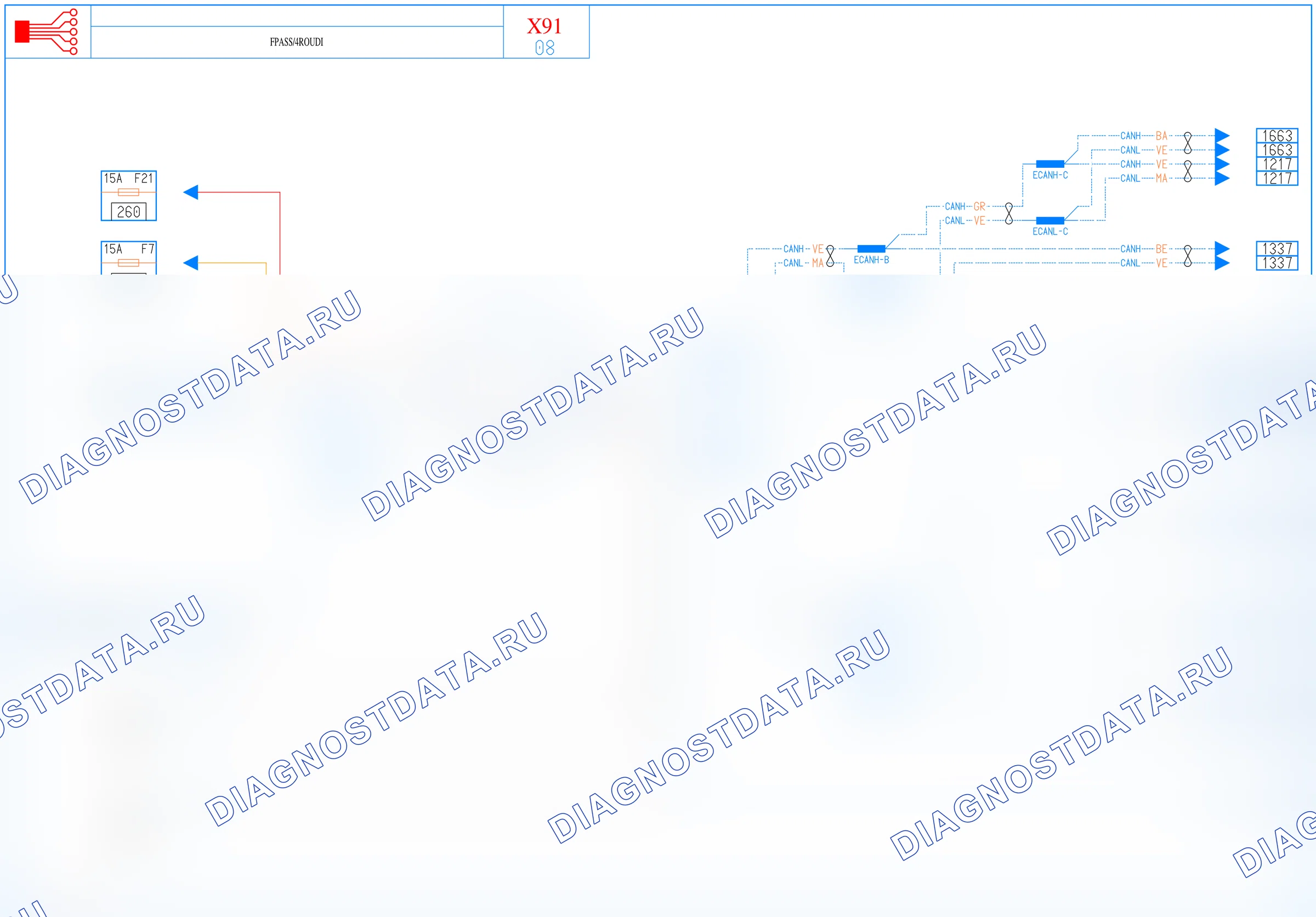 Электросхема диагностического разъёма OBD2 — для а/м с: Автоматический стояночный тормоз, 4ROUDI — для а/м с: Автоматический стояночный тормоз, 4ROUDI. Renault Laguna III (2007-2015)