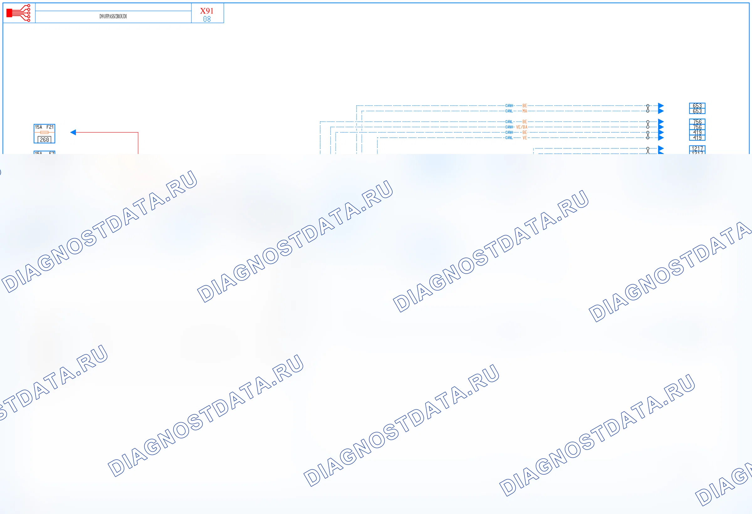 Электросхема диагностического разъёма OBD2 — для а/м с: Купе X91, Автоматический стояночный тормоз, 2ROUDI — для а/м с: Купе X91, Автоматический стояночный тормоз, 2ROUDI. Renault Laguna III (2007-2015)