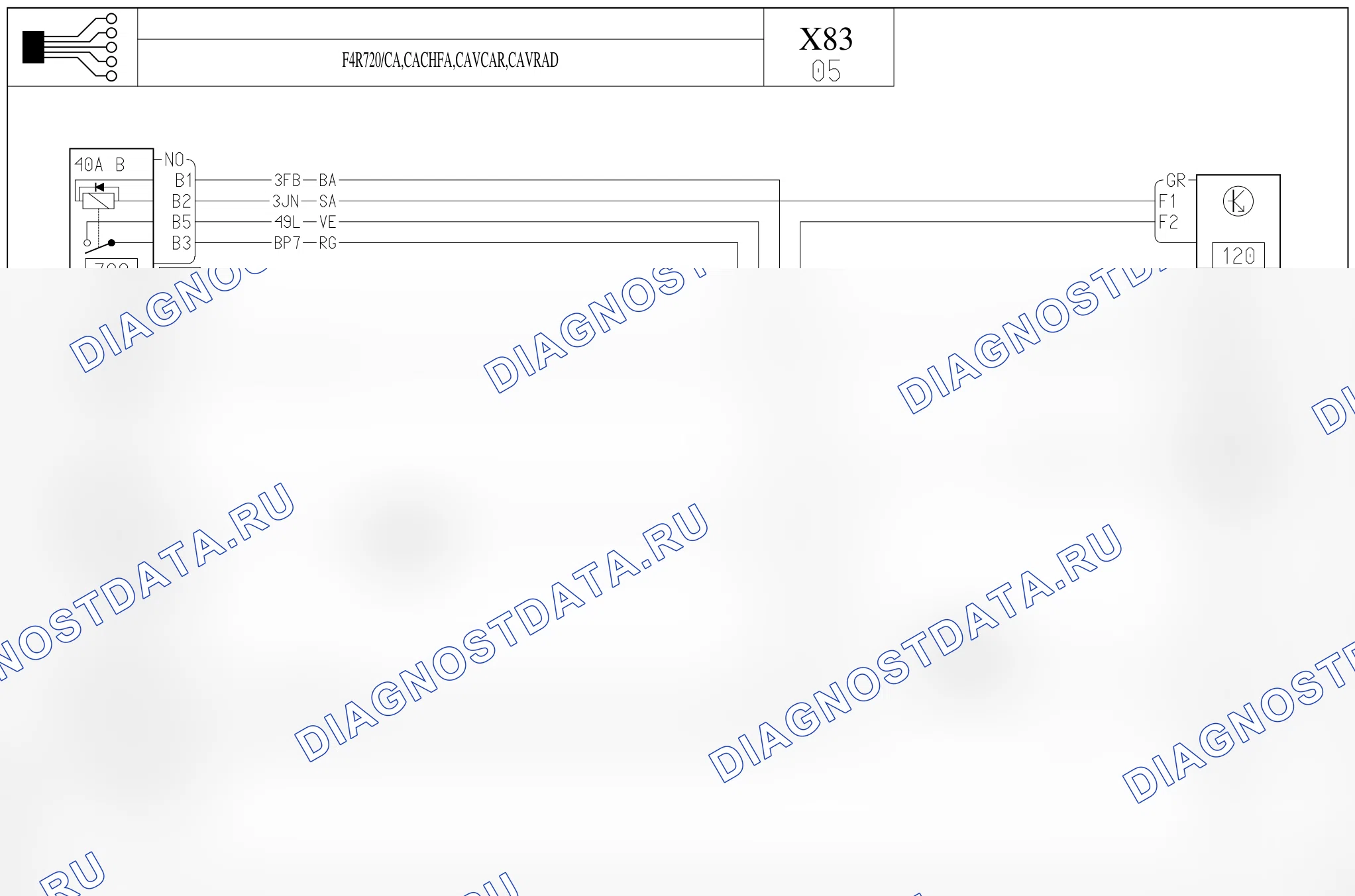 Электросхема вентилятора охлаждения — для а/м с: двиг. F4R720 (2.0 бензин) + кондиционер, CACHFA, CAVCAR, CAVRAD — для а/м с: двиг. F4R720 (2.0 бензин) + кондиционер, CACHFA, CAVCAR, CAVRAD. Renault Trafic II (2001-2014)