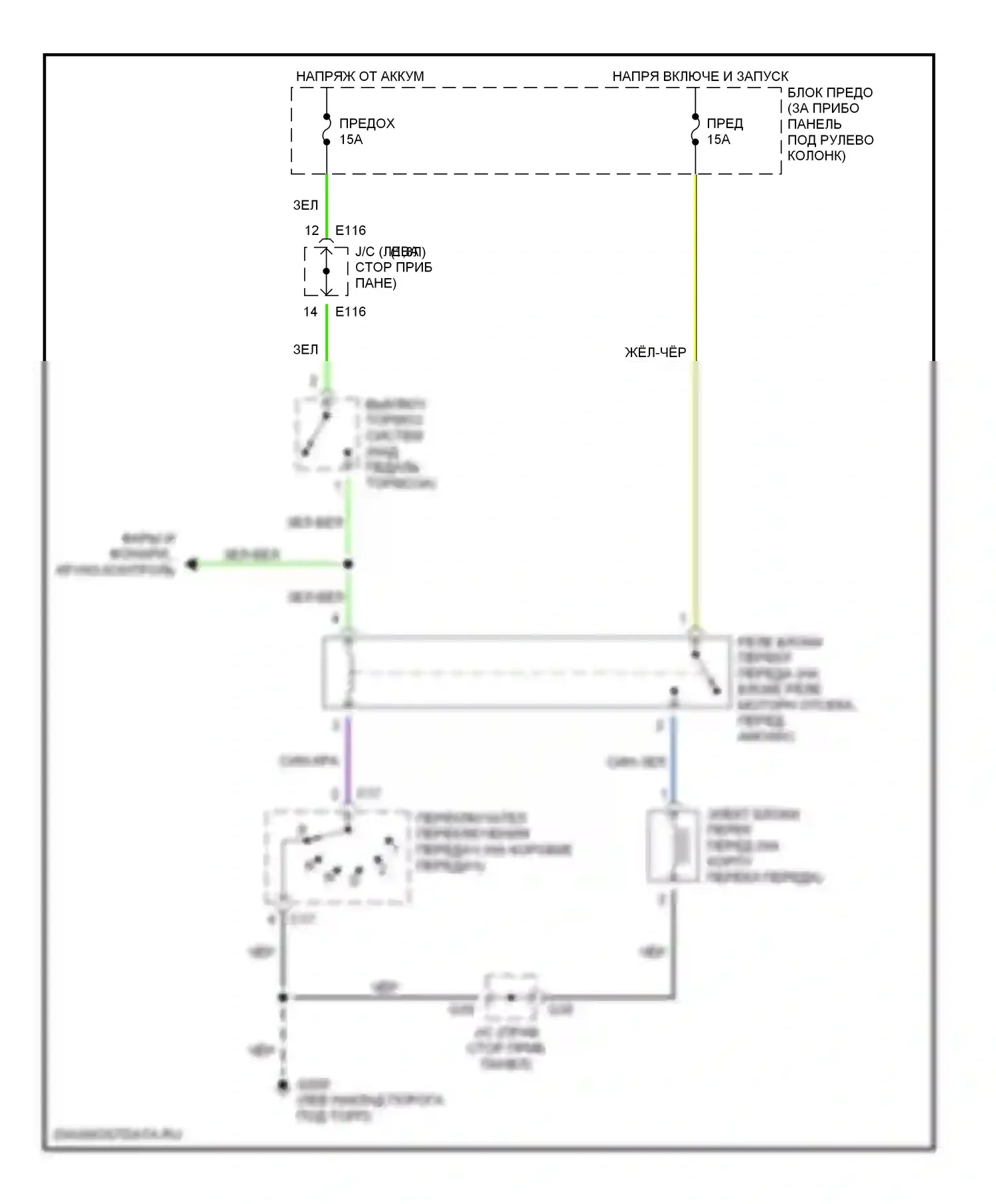 Блокировки переключения передач — Электросхема блокировки селектора, с 3-ступенчатой автоматической коробкой передач — Электросхема блокировки селектора, с 3-ступенчатой автоматической коробкой передач. Suzuki X-90 I (1995-2000)