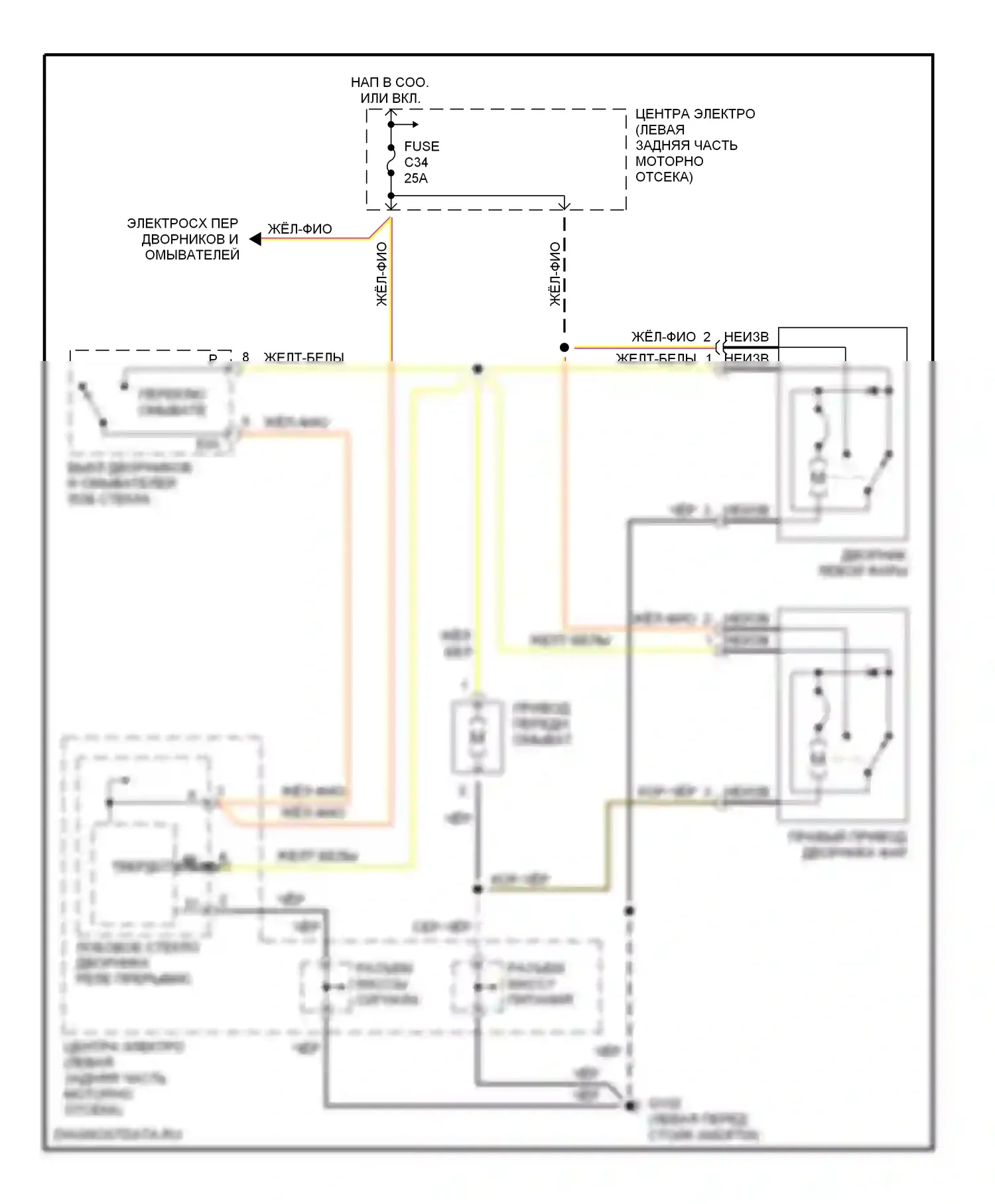 Дворники и омыватели — Электросхема дворников и омывателей фары — Электросхема дворников и омывателей фары. Volvo S70 I (1997-2000)