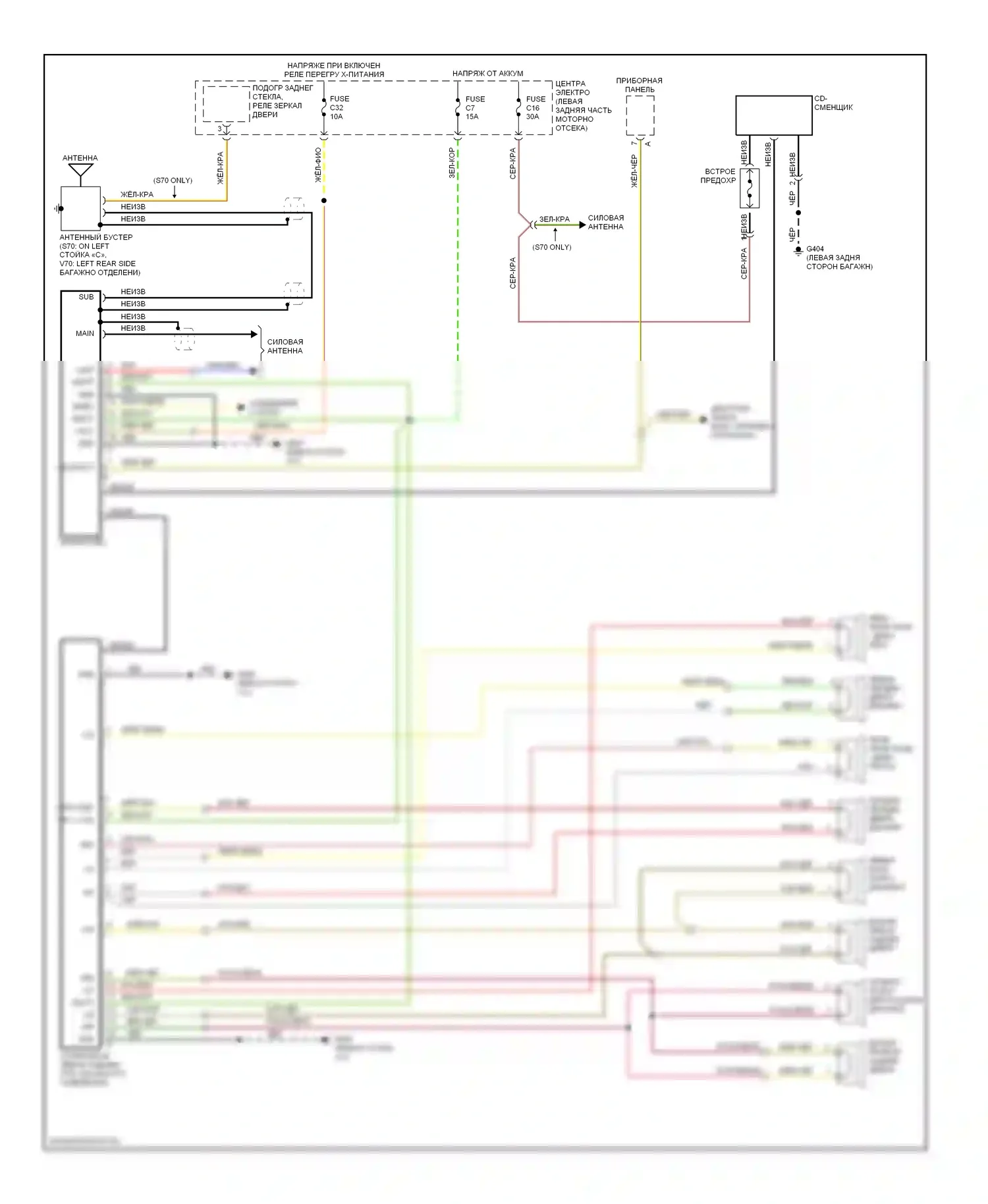 Магнитола — Электросхемы радиосвязи с усилителем (ранним выпуском) — Электросхемы радиосвязи с усилителем (ранним выпуском). Volvo S70 I (1997-2000)