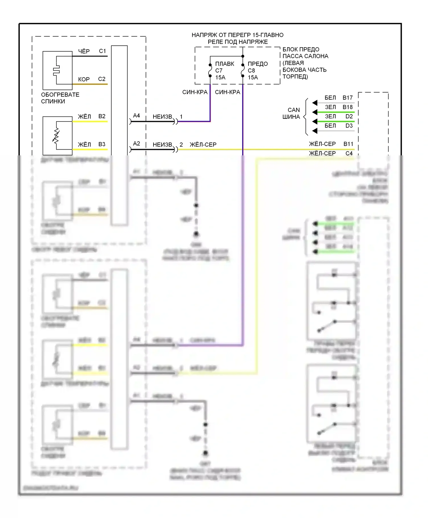 Сиденья — Электросхема обогреваемых сидений — Электросхема обогреваемых сидений. Volvo S80 I рестайлинг (2003-2006)