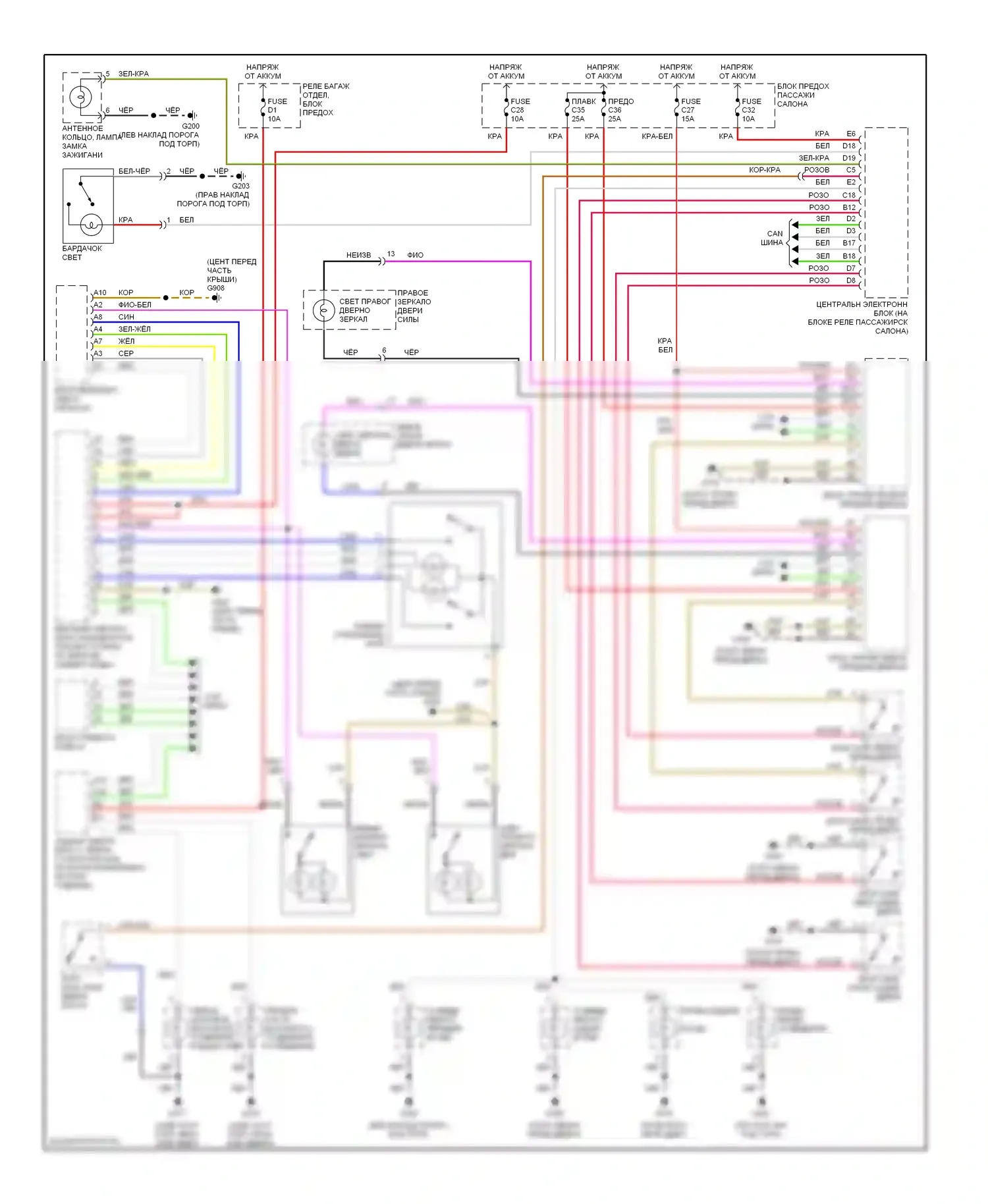 Освещение салона — Электросхема освещения салона — Электросхема освещения салона. Volvo S80 I (1998-2003)