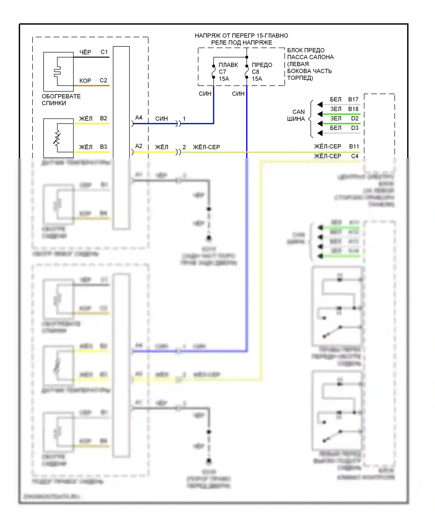 Сиденья — Электросхема обогреваемых сидений — Электросхема обогреваемых сидений. Volvo S80 I (1998-2003)