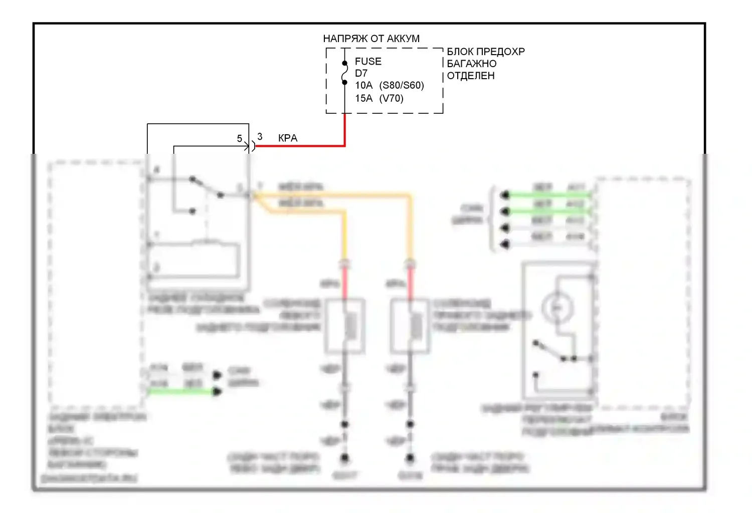Сиденья — Электросхема заднего подголовника — Электросхема заднего подголовника. Volvo S80 I (1998-2003)