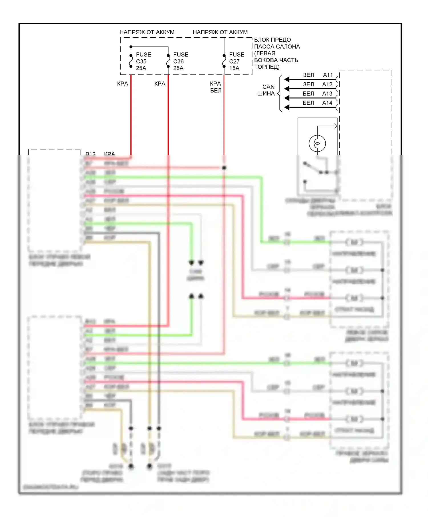 Управление зеркалами заднего вида — Электросхема силового зеркала — Электросхема силового зеркала. Volvo S80 I (1998-2003)