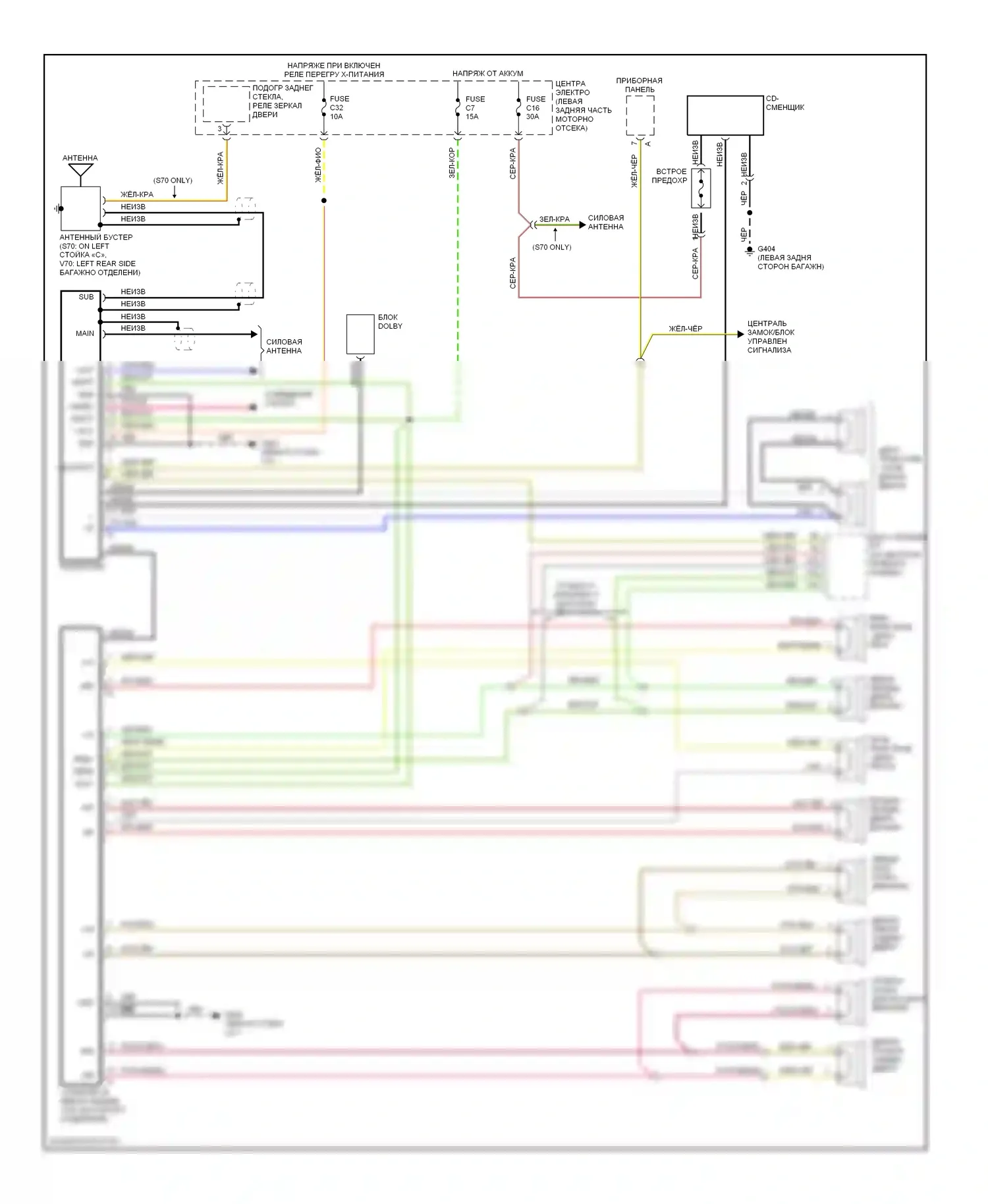 Магнитола — Электросхемы радиосвязи с усилителем (поздним выпуском) — Электросхемы радиосвязи с усилителем (поздним выпуском). Volvo V70 I (1997-2000)