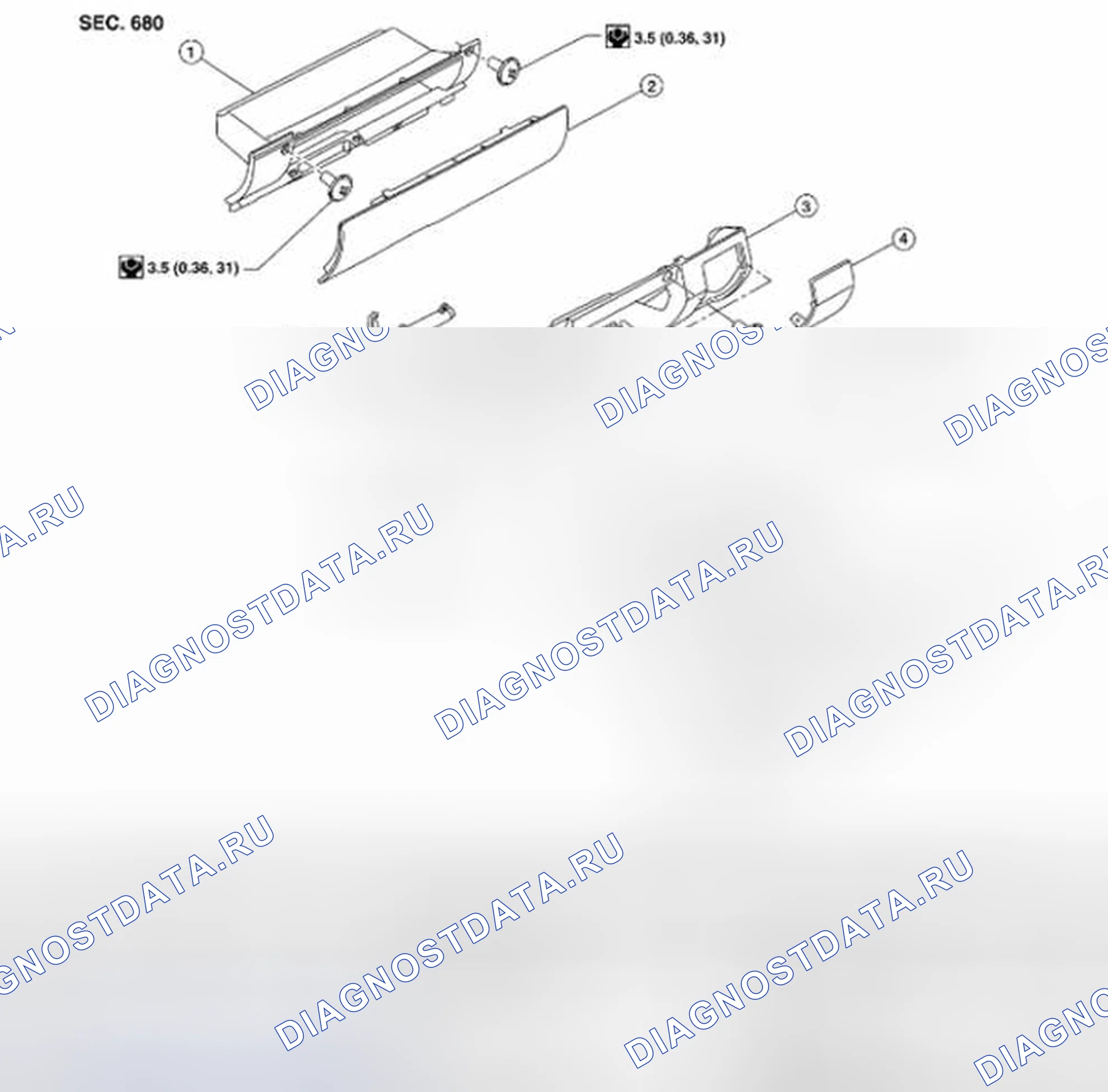 Рис. 48: Нижняя панель приборов Rh и перчаточный ящик: разнесенный вид. Suzuki Equator I