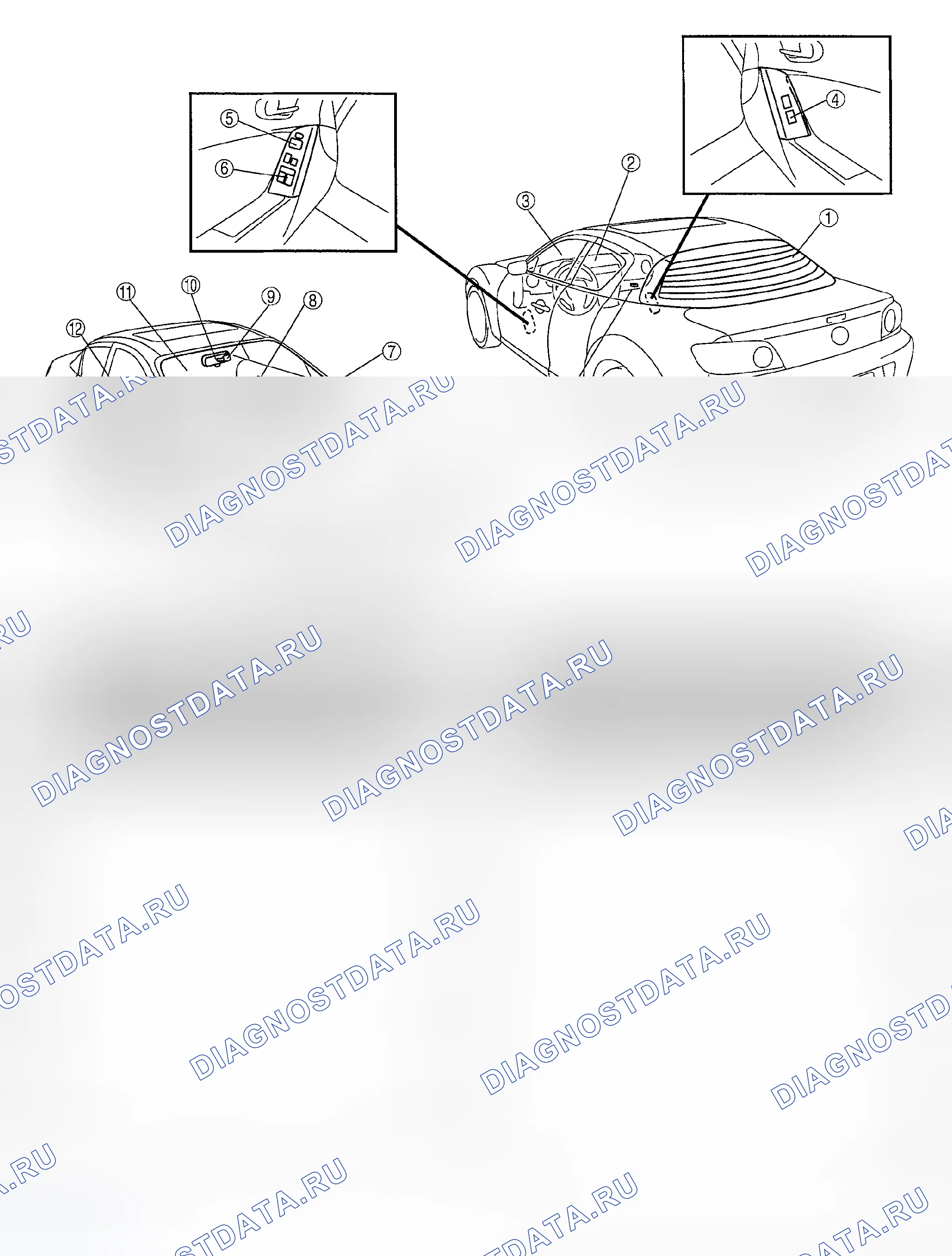 Рис. 1: ИНДЕКС РАСПОЛОЖЕНИЯ СТЕКЛА / ОКОН / ЗЕРКАЛ. Mazda RX-8 I