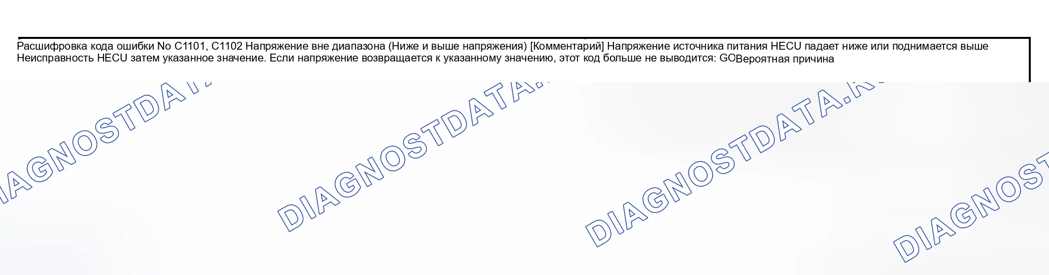 Рис. 14: расшифровка кода ошибки C1101, C1102: НАПРЯЖЕНИЕ ВНЕ ДИАПАЗОНА (НИЖЕ ИЛИ ВЫШЕ НАПРЯЖЕНИЯ). Geely Xingyue L I