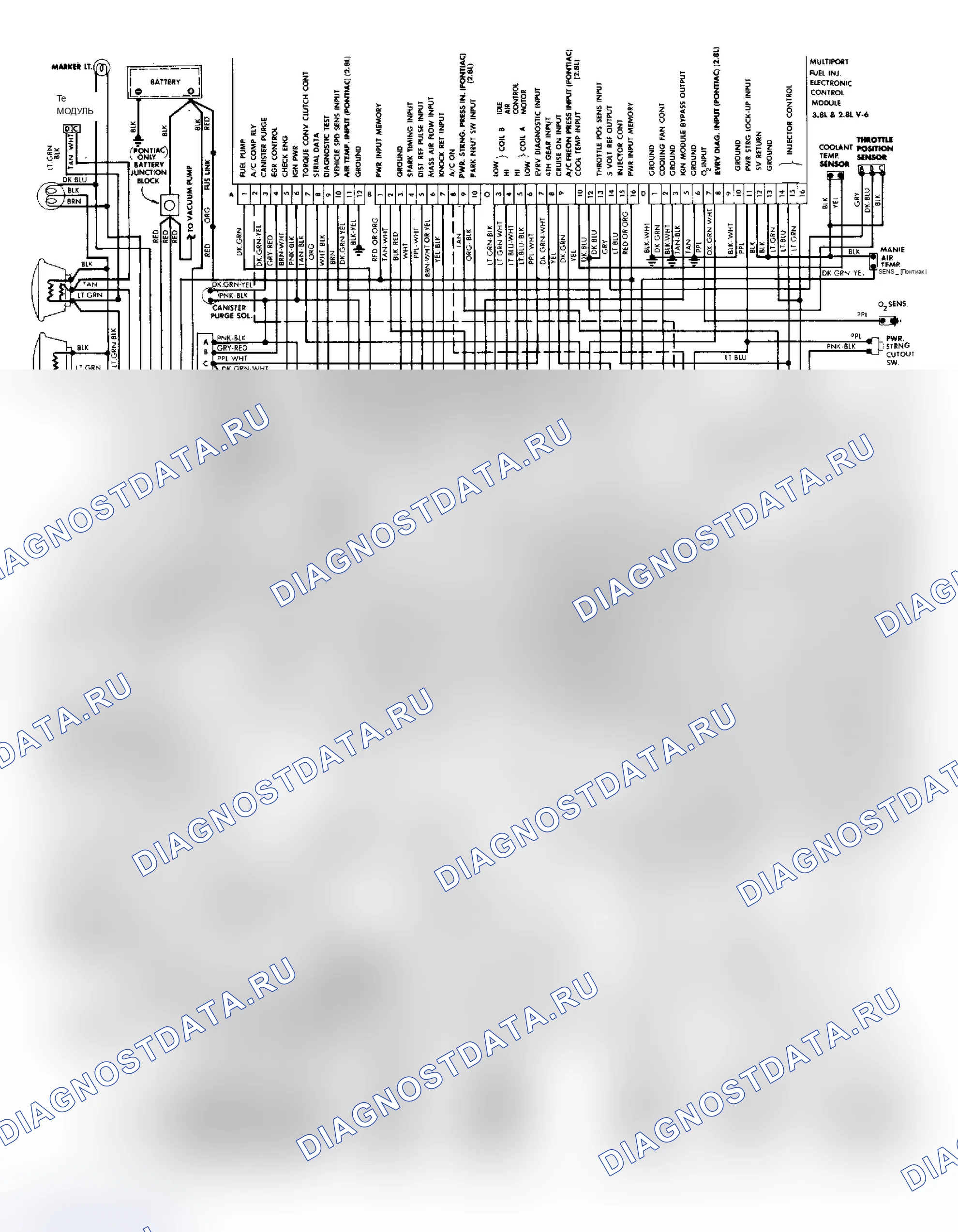 Рис. 37: Схема подключения системы впрыска топлива 2.8L V6 (все, кроме моделей Fiero). Pontiac Sunbird II