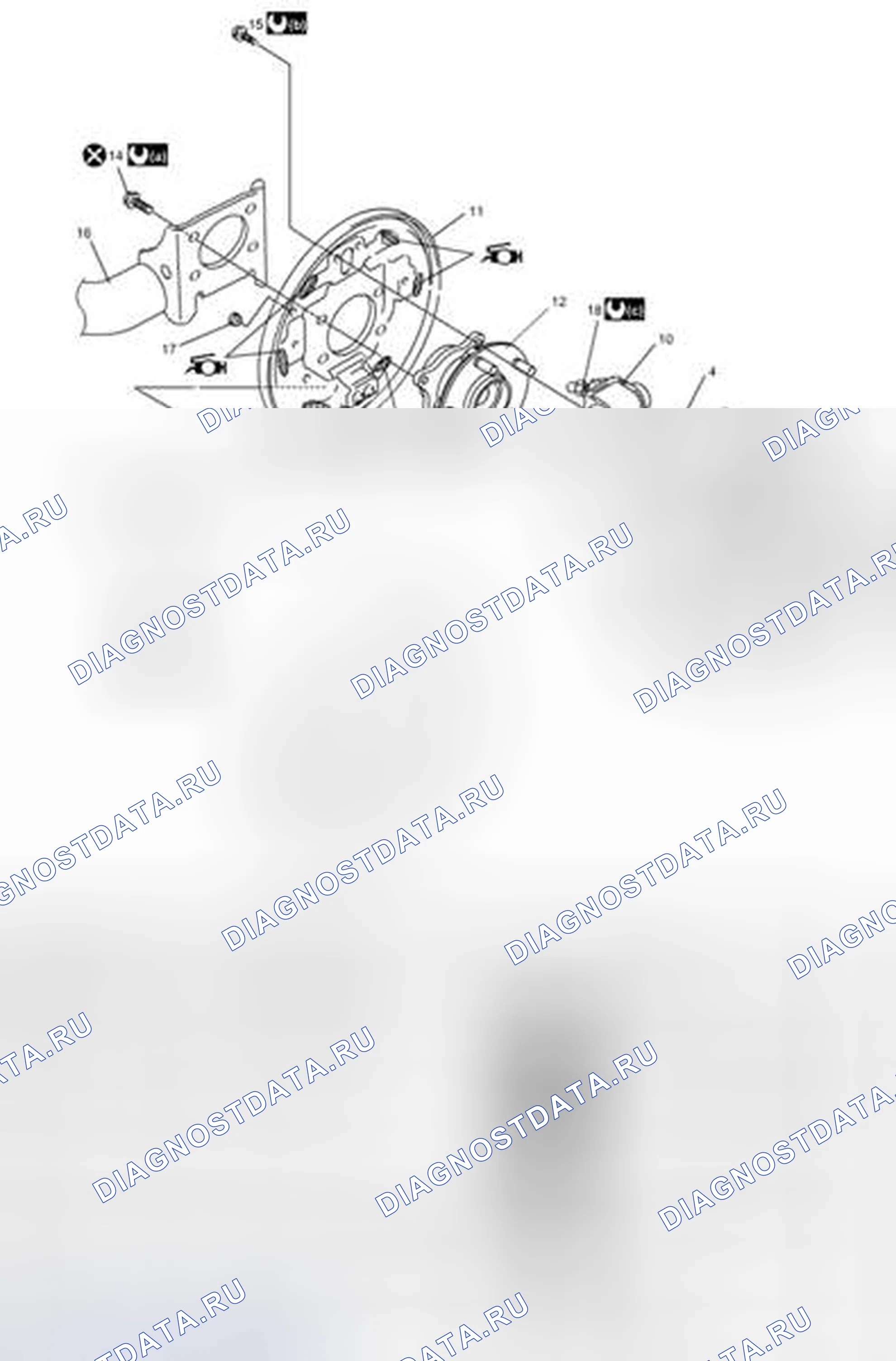 Рис. 98: Компоненты заднего барабанного тормоза. Suzuki SX4 I рестайлинг