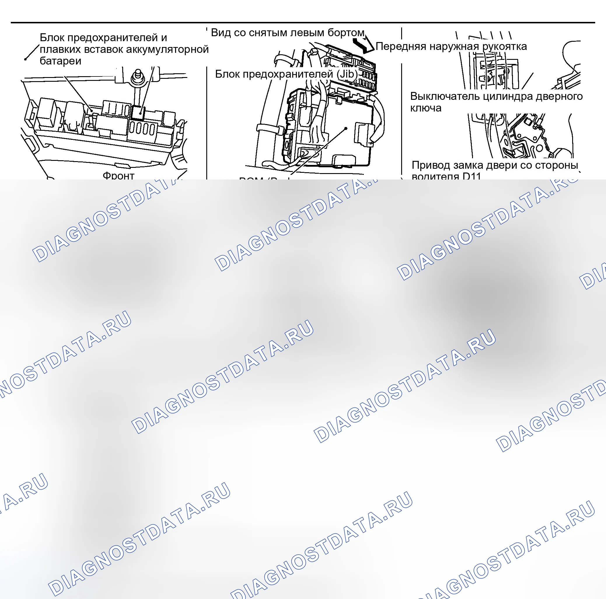 Рис. 236: Расположение компонентов и разъемов кабелей. Honda Logo I