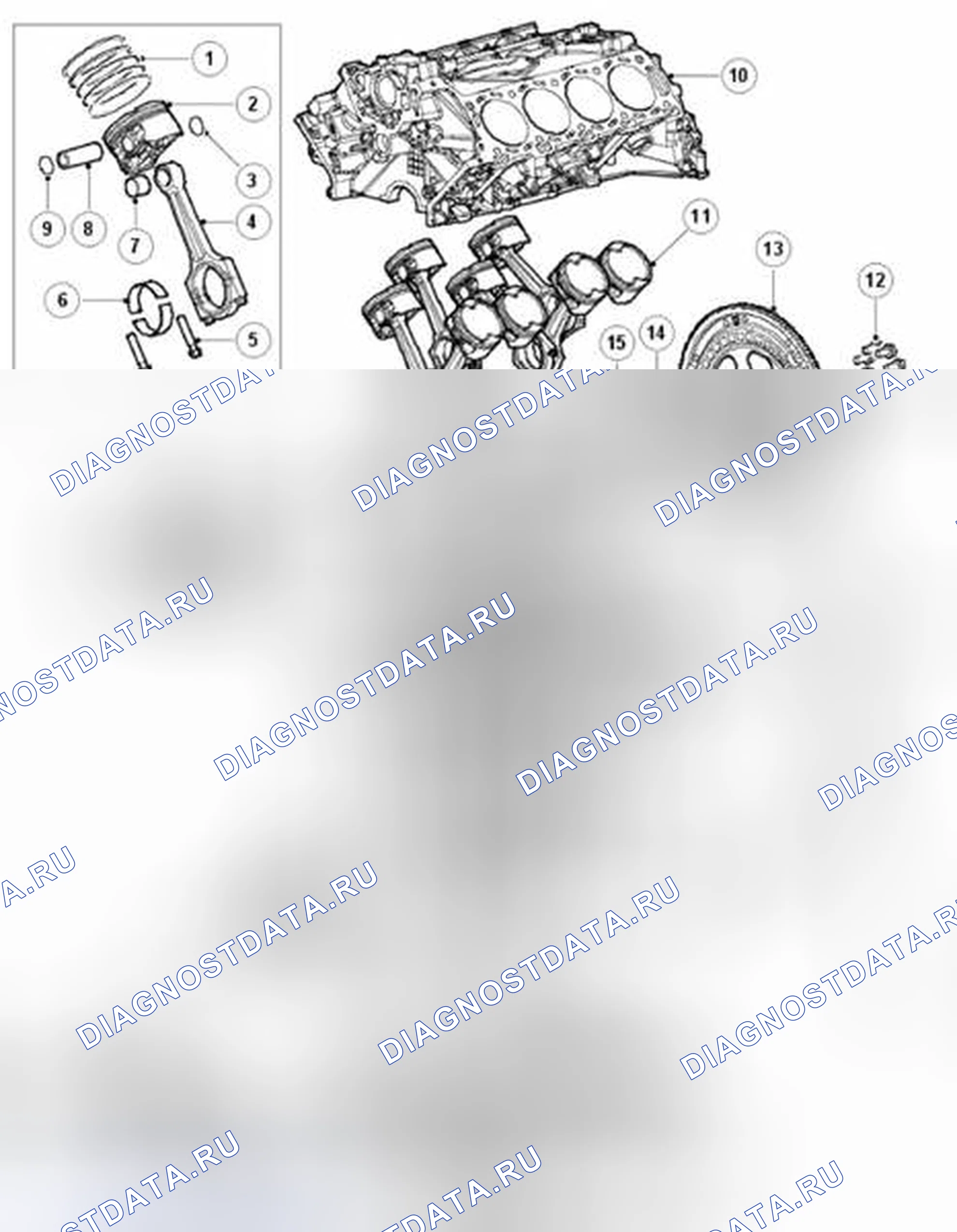 Рис. 495: КОМПОНЕНТЫ БЛОКА ЦИЛИНДРОВ. Land Rover Range Rover Sport I