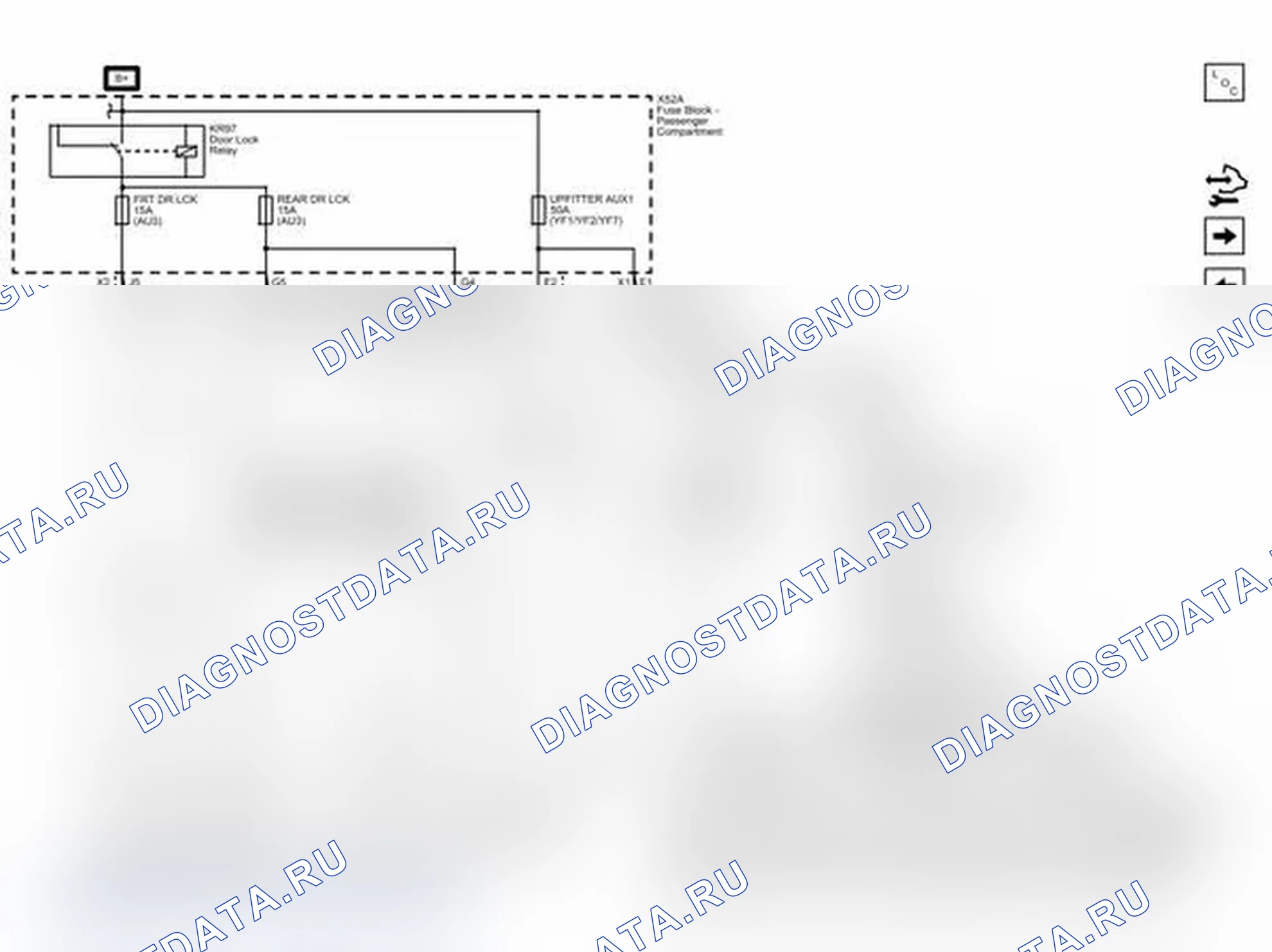 Рис. 173: Схемы подключения предохранителей FRT DR LCK, задний DR LCK и UPFITTER AUX1. Chevrolet Express G1500 