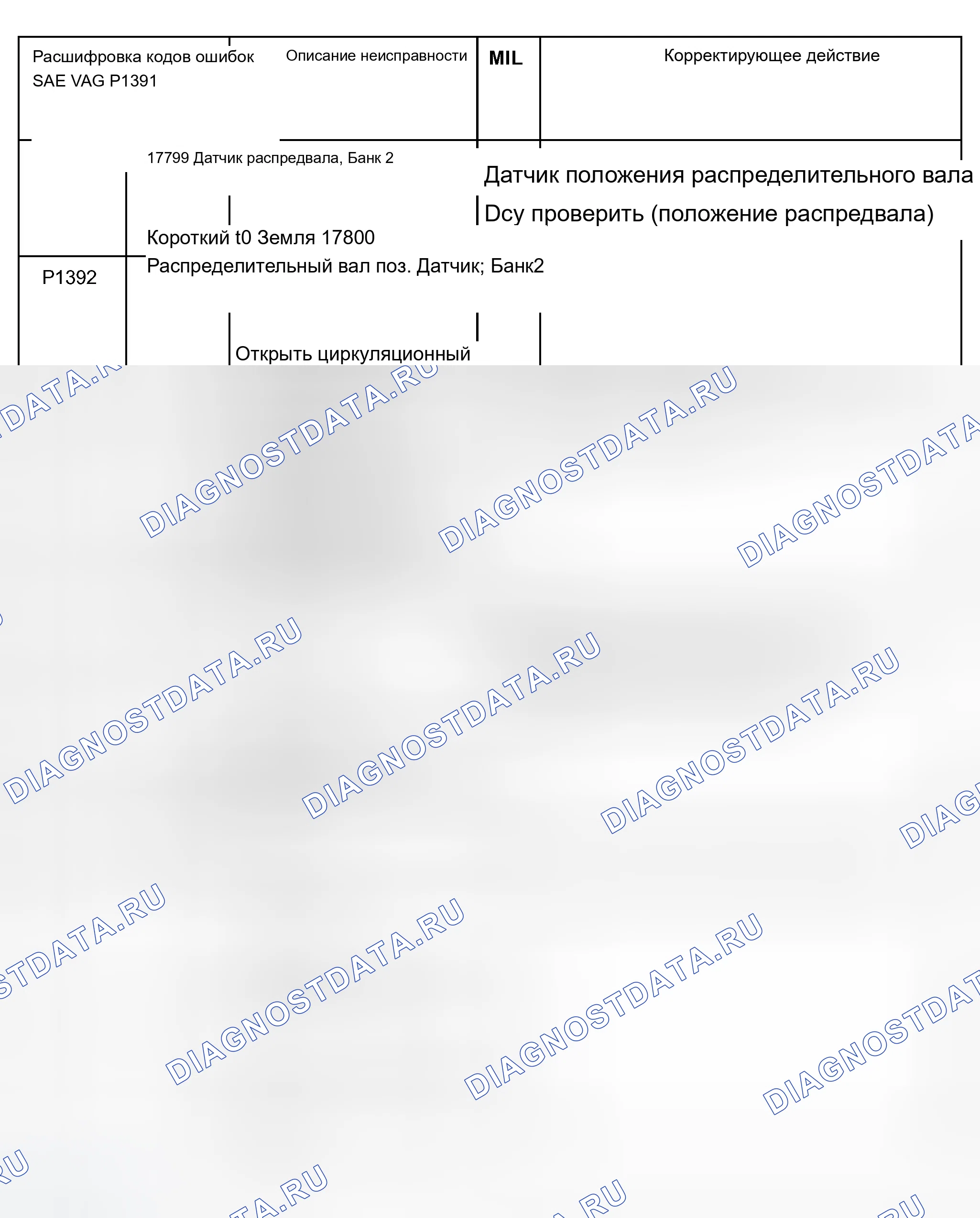 Рис. 17: Таблица расшифровка кода ошибки (P1391, P1392, P1409, P1410, P1470, P1471, P1475 и P1476). Audi A8 D2