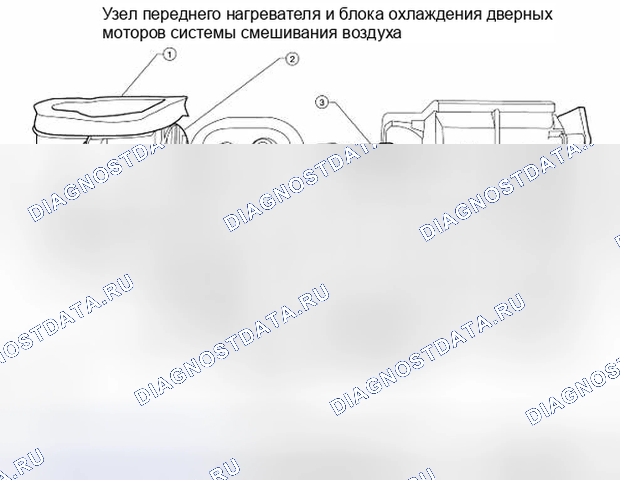 Рис. 89: Идентификация компонентов двигателей дверей для смешивания воздуха (передний нагреватель и блок охлаждения в сборе). Nissan Pathfinder III