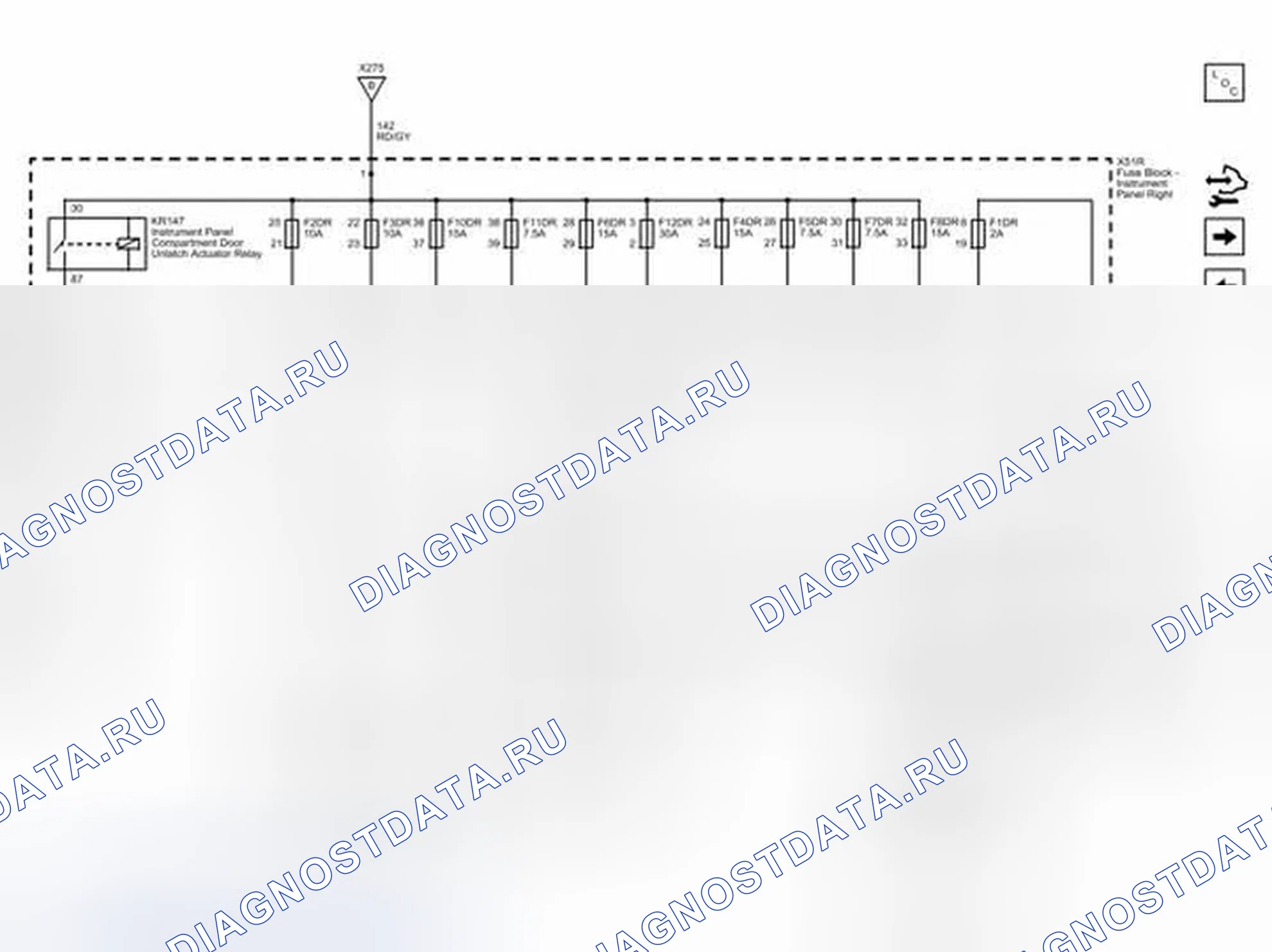 Рис. 181: F2dr, F3dr, F4dr, F5dr, F6dr, F7dr, F8dr, F9dr, F10DR, F11DR и F12DR Предохранители. Cadillac ELR I
