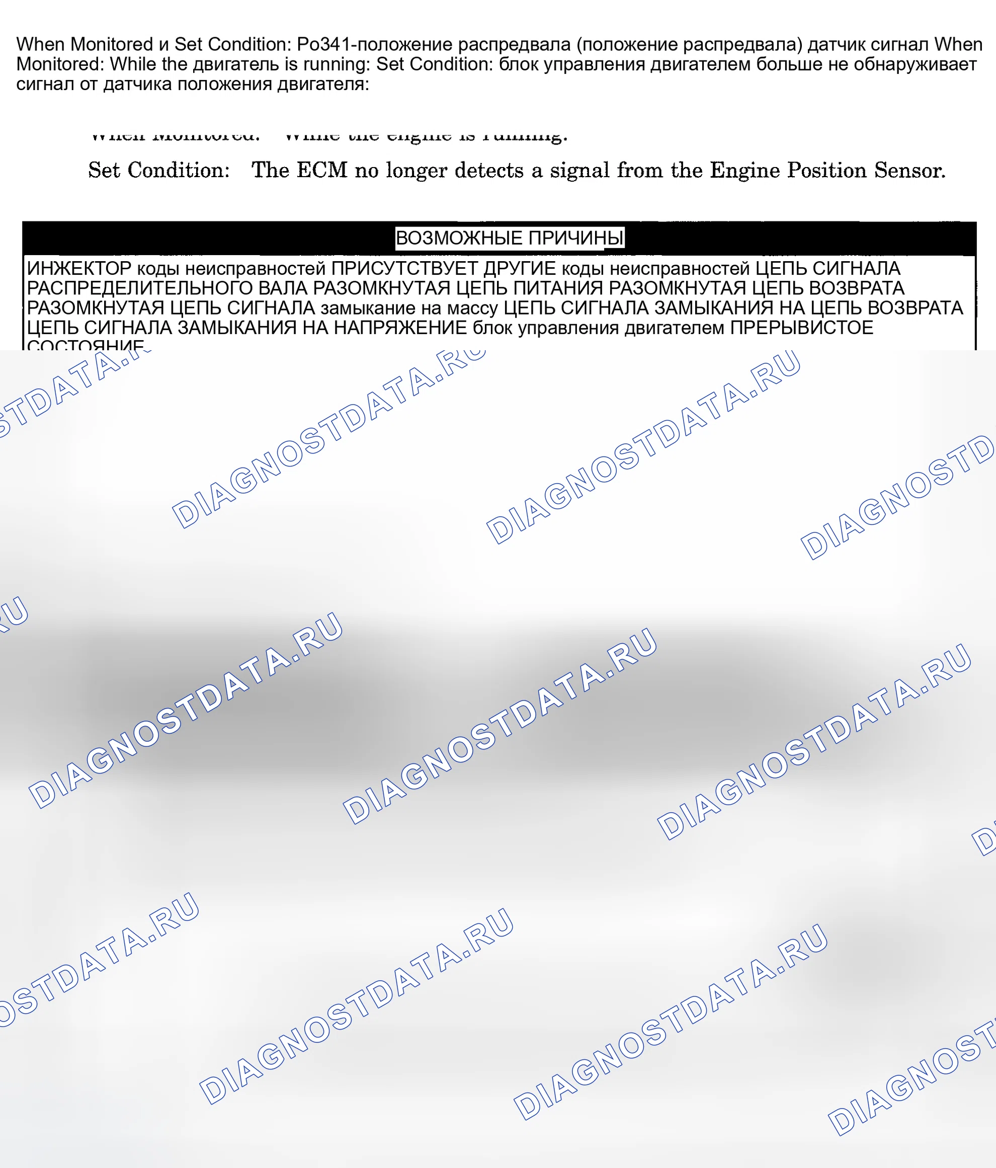 Рис. 883: расшифровка кода ошибки P0341: ОТСУТСТВИЕ СИГНАЛА ДАТЧИКА ПОЛОЖЕНИЯ РАСПРЕДЕЛИТЕЛЬНОГО ВАЛА (положение распредвала). Dodge Pickup R1500 