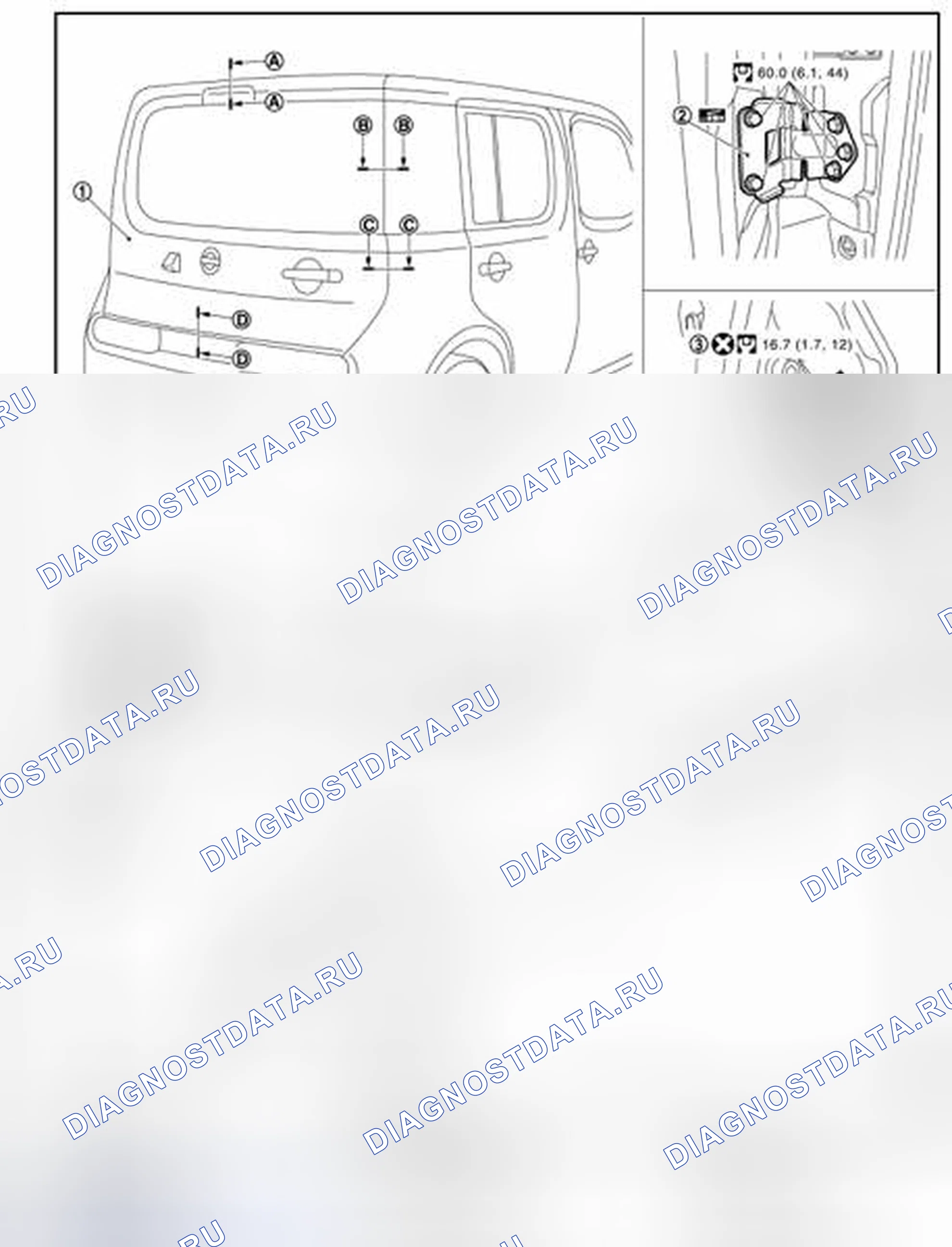 Рис. 46: ЗАДНЯЯ ДВЕРЬ В СБОРЕ: Регулировка. Nissan Cube III