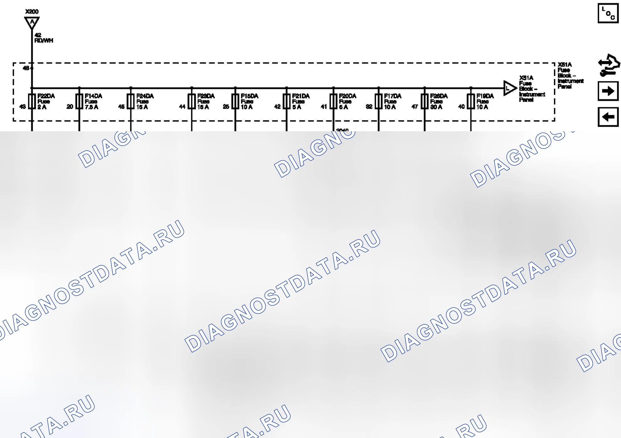 Рис. 30: F14DA, F15DA, F17DA, F19DA, F20DA, F21DA, F22DA, F23DA, F24DA и плавкие предохранители F26DA. Buick LaCrosse II