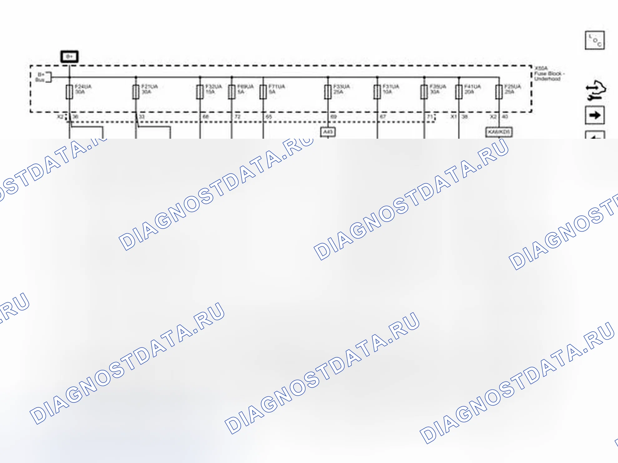 Рис. 29: Предохранители F21UA, F24UA, F25UA, F31UA, F32UA, F33UA, F35UA, F41UA, F69UA и F71UA. Buick LaCrosse II рестайлинг
