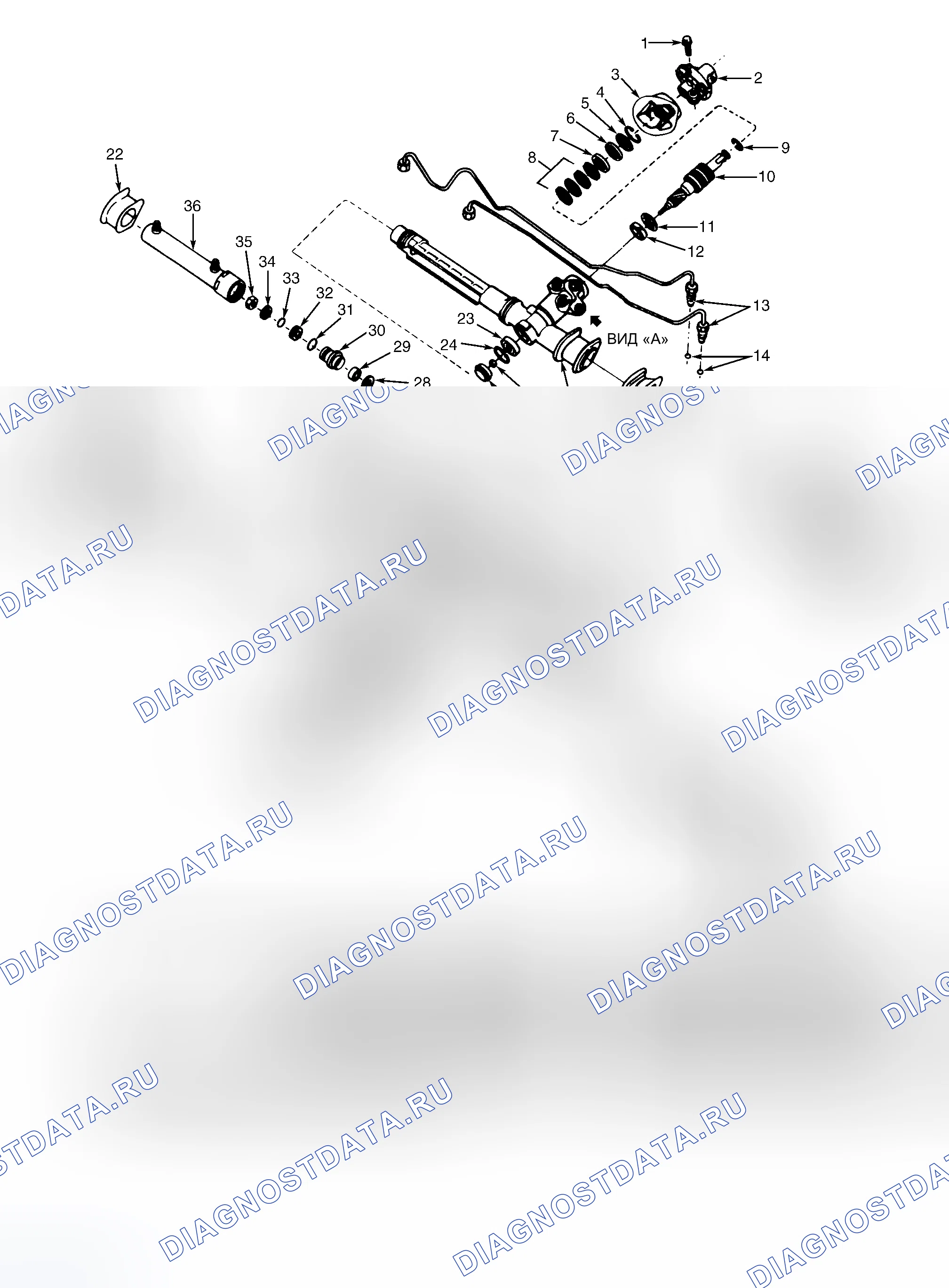 Рис. 3: РУЛЕВАЯ РЕЙКА И ШЕСТЕРНЯ В СБОРЕ. Pontiac Grand AM IV