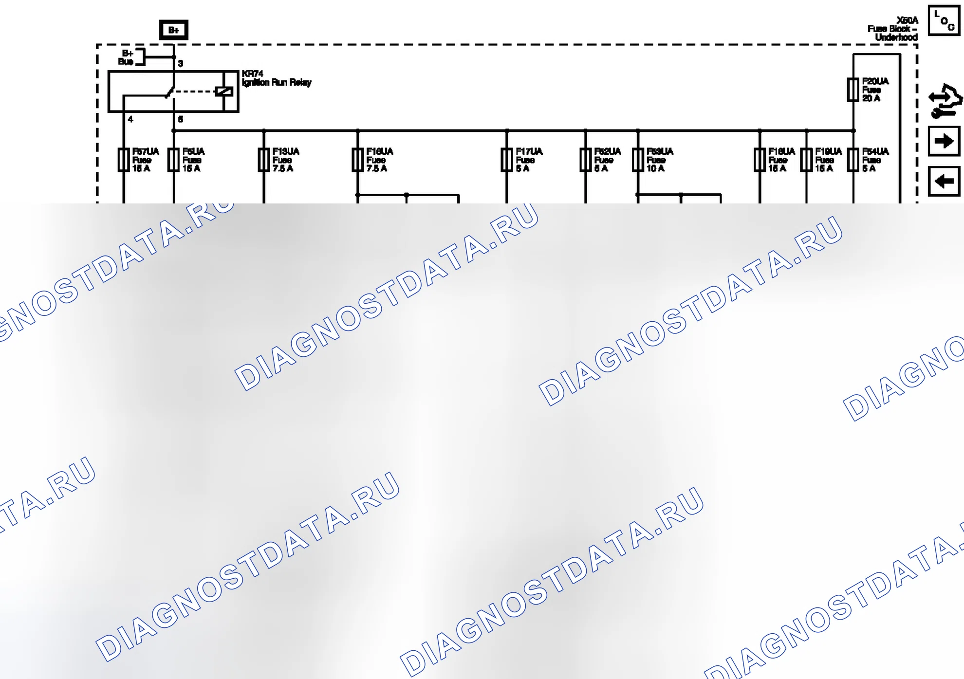 Рис. 55: Схемы подключения предохранителей F5UA, F13UA, F16UA, F17UA, F18UA, F19UA, F20UA, F52UA, F53UA, F54UA и F57UA. Buick Regal V