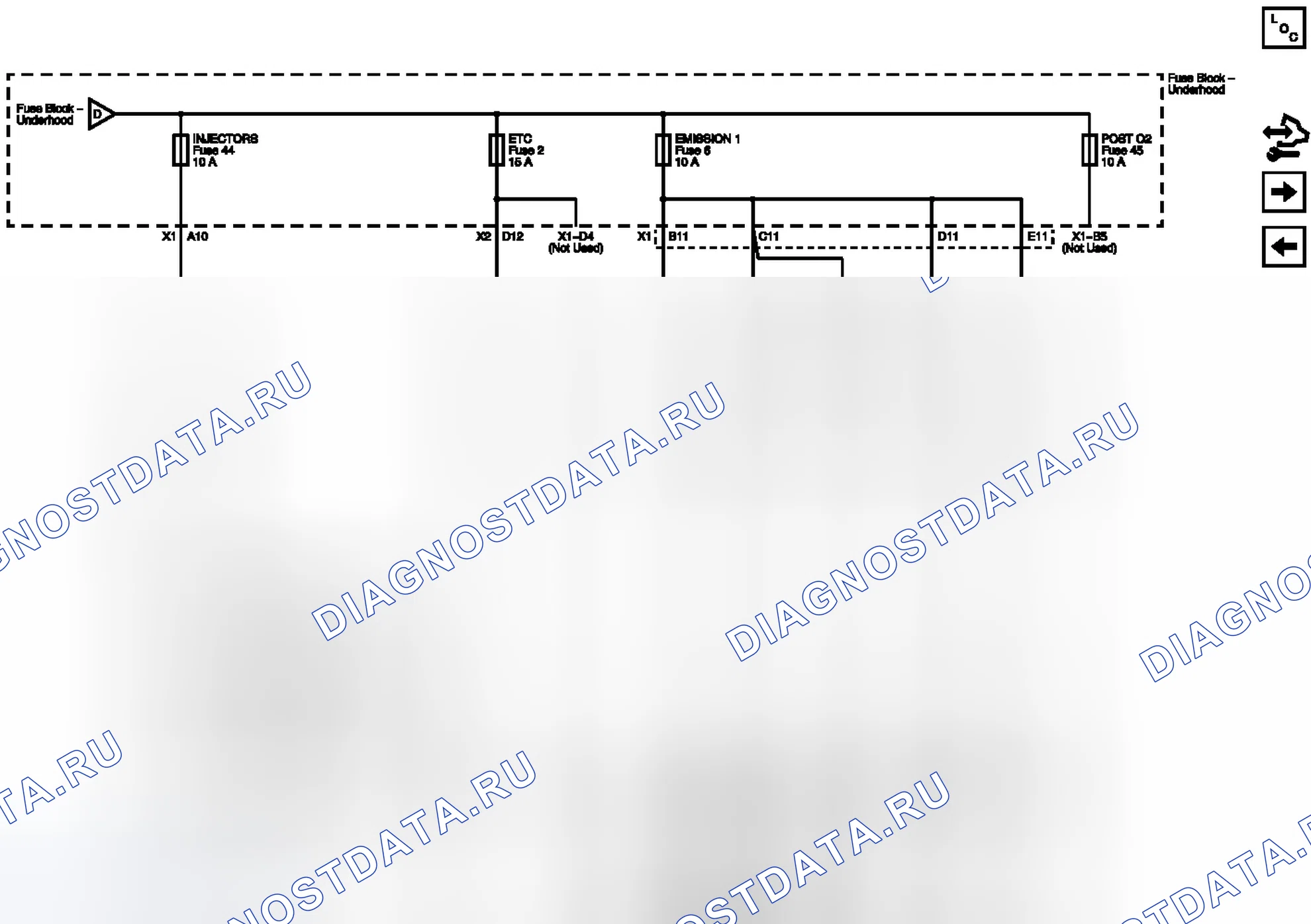 Рис. 34: Схемы подключения предохранителей EMISSION 1, ETC, ИНЖЕКТОРОВ и POST O2 (LE5/LE9). Chevrolet Malibu VIII