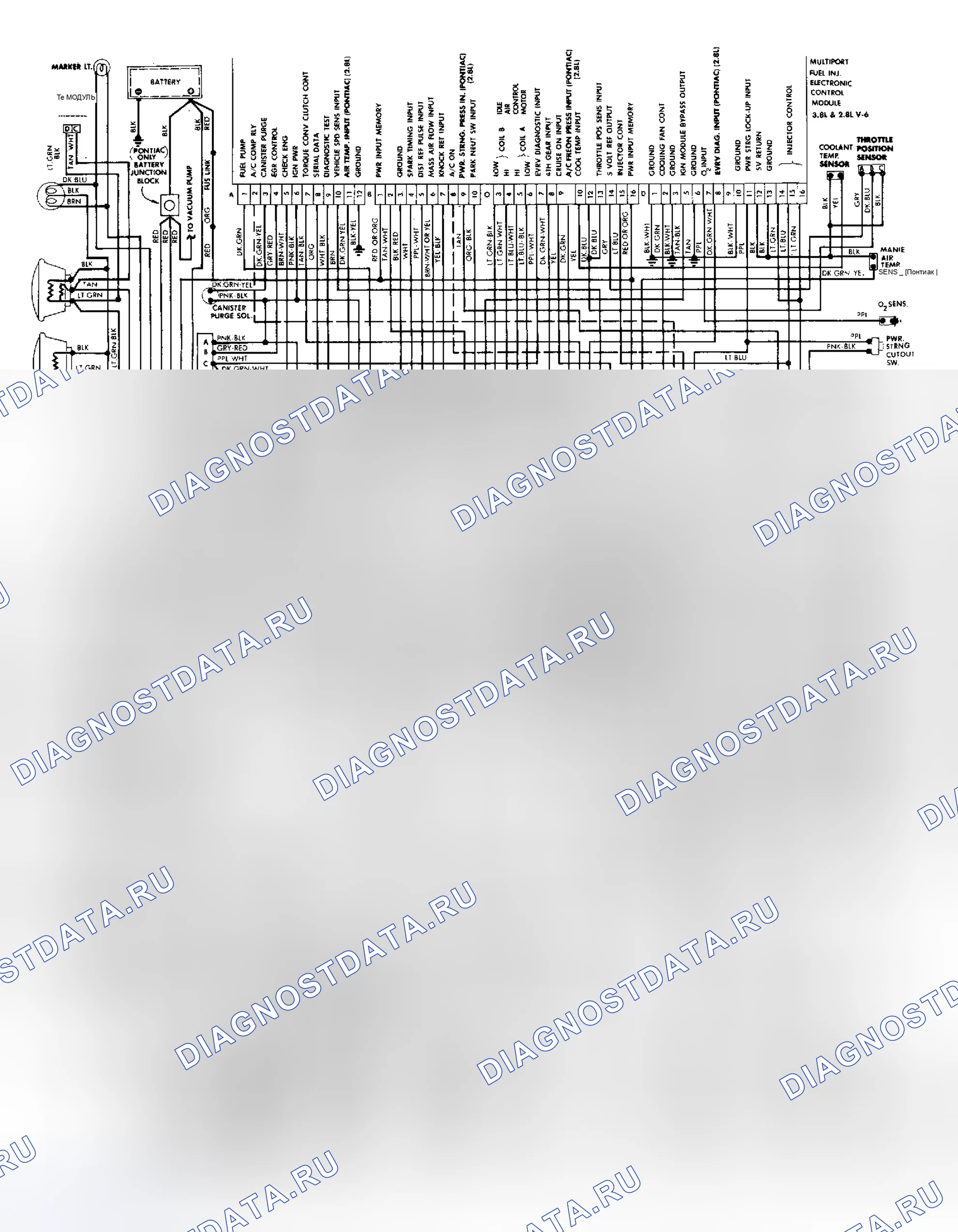 Рис. 19: Схема подключения системы впрыска топлива 2.8L V6 (все, кроме моделей Fiero). Pontiac Sunbird II