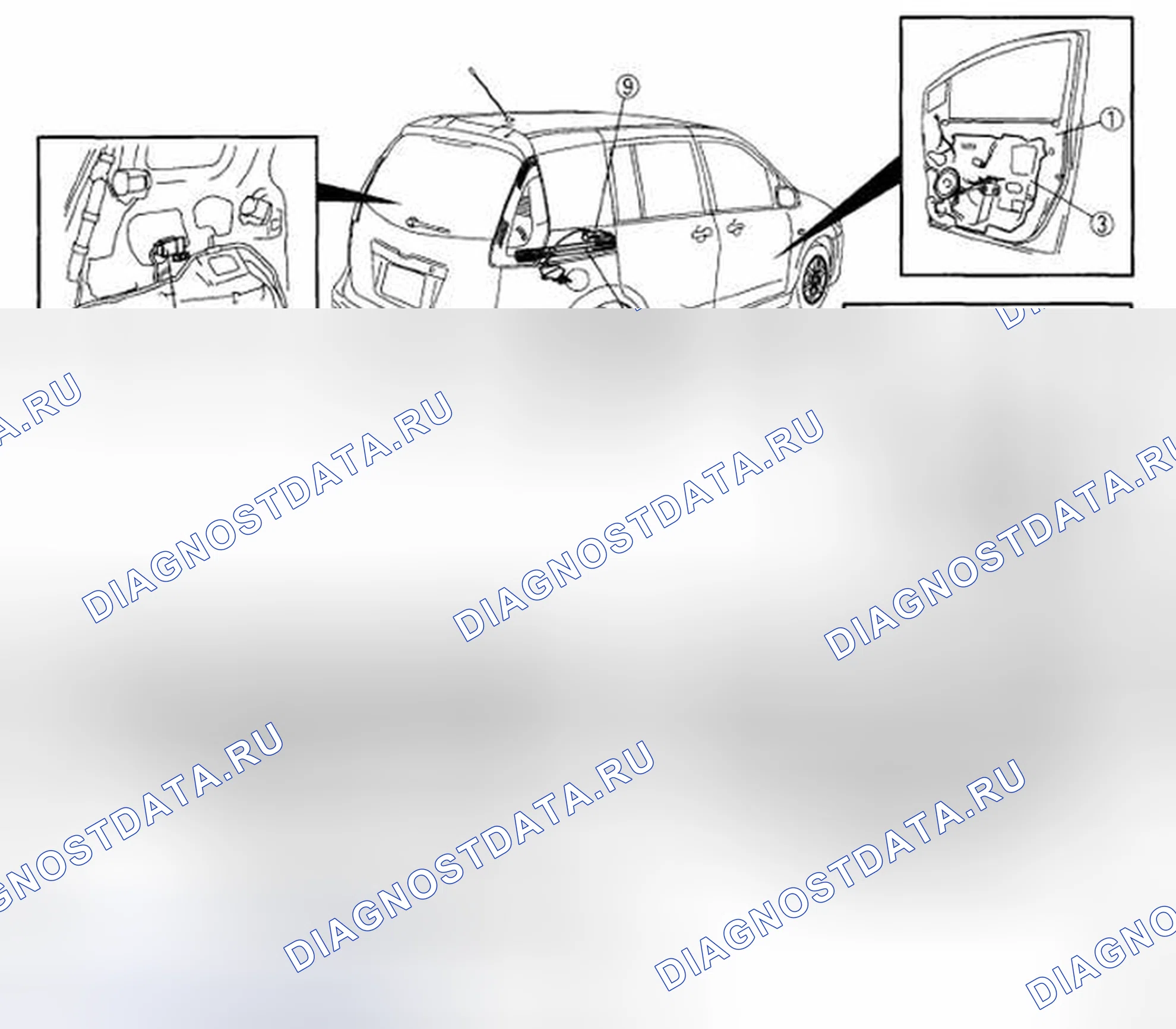 Рис. 26: ИНДЕКС РАСПОЛОЖЕНИЯ ДВЕРЕЙ И ПОДЪЕМНЫХ ВОРОТ. Mazda 5 I рестайлинг