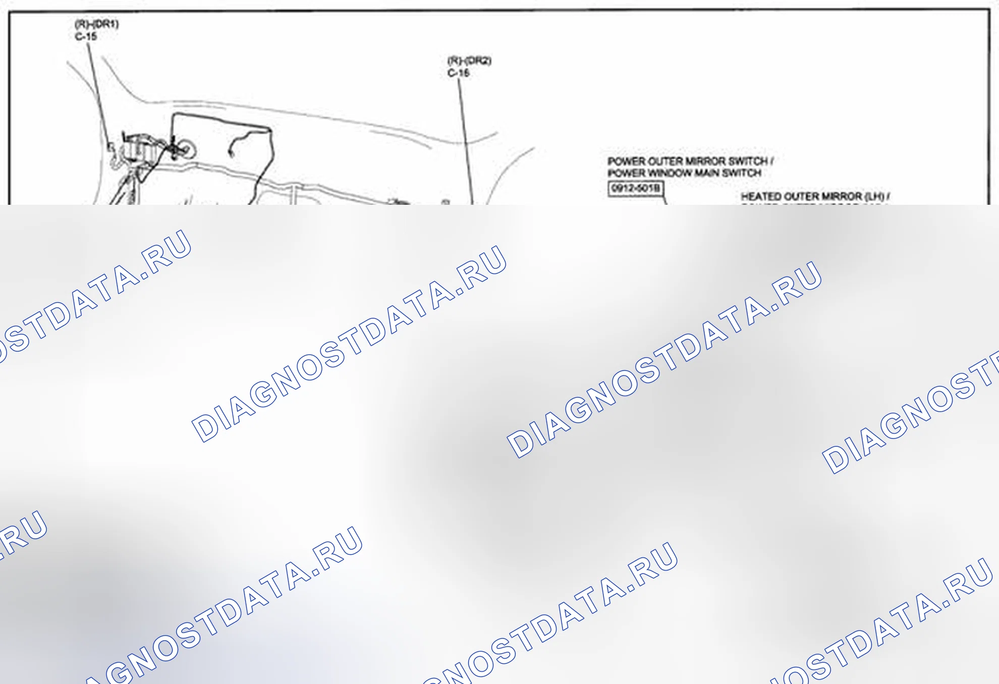 Рис. 136: Схема прокладки кабелей внешнего зеркала питания (0912-3) 2 из 2. Mazda CX-5 I
